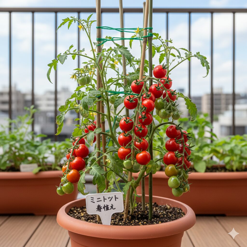 春のベランダ家庭菜園｜プランターで育てたミニトマトが実をつけている様子