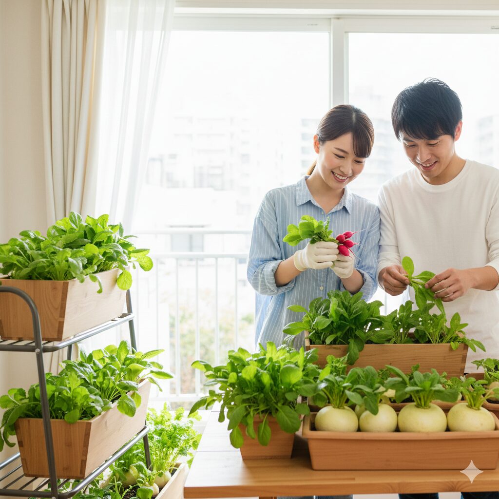 笑顔で家庭菜園の冬野菜の手入れをする若い日本人夫婦。日当たりの良いリビングで、プランターの小松菜やラディッシュを収穫している様子。