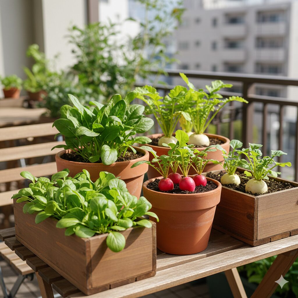 家庭菜園で育てるのに適した小松菜、ほうれん草、ラディッシュなど、成功体験を作りやすい初心者向けの冬野菜のプランター栽培の様子。