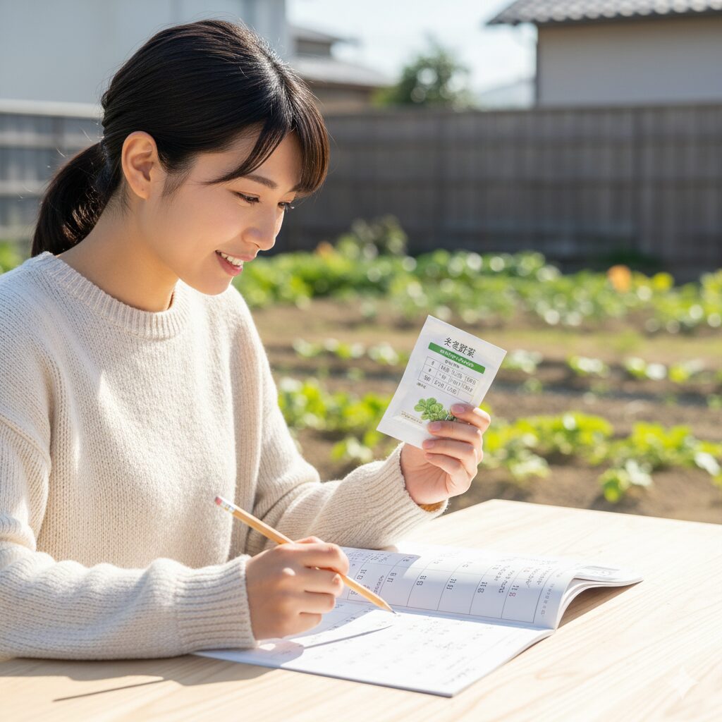 栽培計画を立てる日本の若い女性。カレンダーと種袋のラベルを確認しながら、冬野菜の栽培開始時期を逆算して確認している様子。