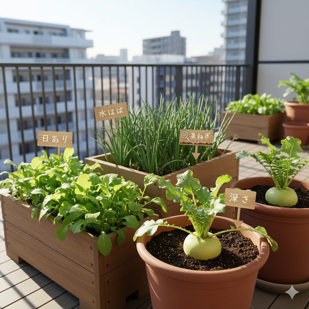 ベランダで栽培されている冬野菜のプランター。日当たりを確保するため太陽の光が当たる場所に配置され、水はけの良い土で小カブや葉ねぎが元気に育っている様子。