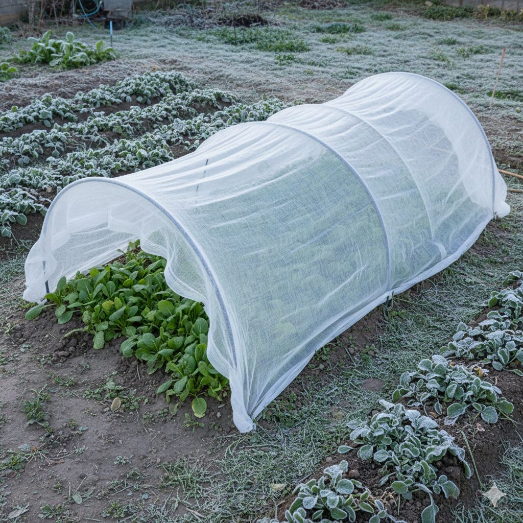 霜が降りた庭の地面に設置された簡易的なトンネル状の不織布(べたがけ)で、冷気から守られている冬野菜(小松菜など)の様子。