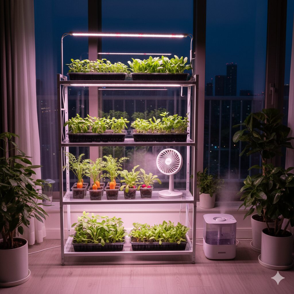 窓際に設置された棚の上で、育成ライトとサーキュレーターを使ってベビーリーフやハーブを室内栽培している様子