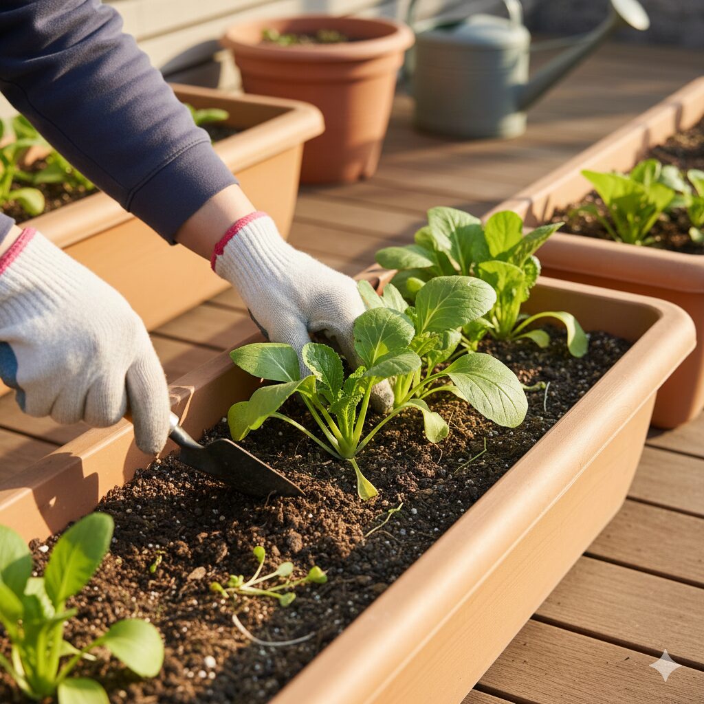 家庭菜園のプランターで育つ葉物野菜の株元に土を寄せている様子。間引きと土寄せを行い、風通しと株の安定を確保する管理作業。