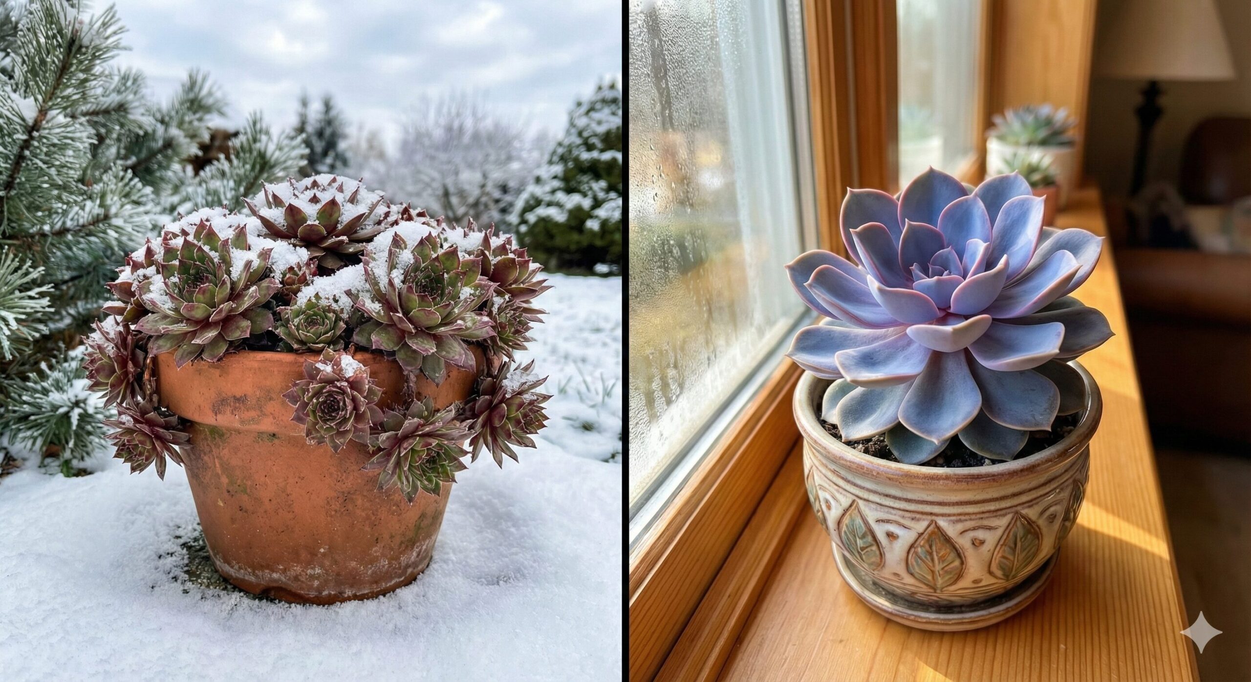 寒さに強いセンペルビブム（左、雪の中の屋外）と、寒さに弱いエケベリア（右、室内の窓辺）の比較写真。