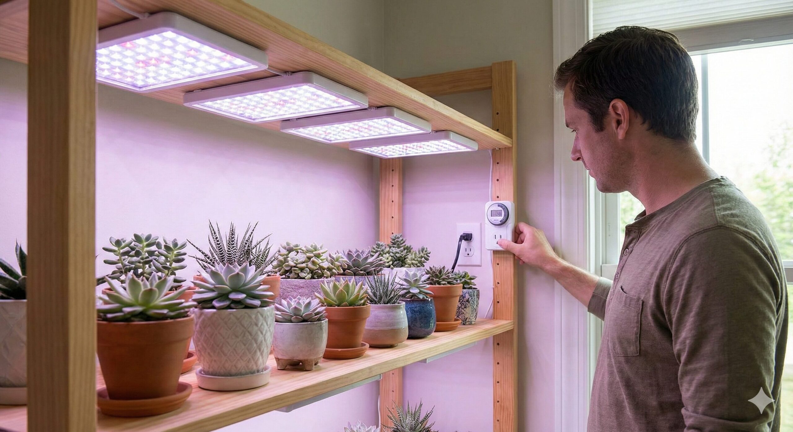 室内で多肉植物の徒長を防ぐためにLED育成ライトを使用している棚と、タイマーをセットする男性の様子。