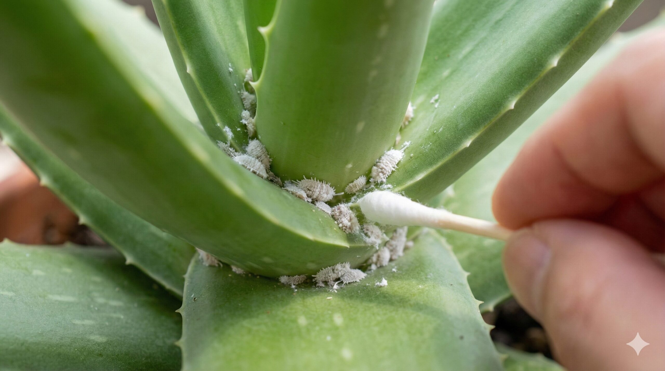 アロエベラの葉の付け根に発生した白いコナカイガラムシを、綿棒を使って物理的に駆除している様子。