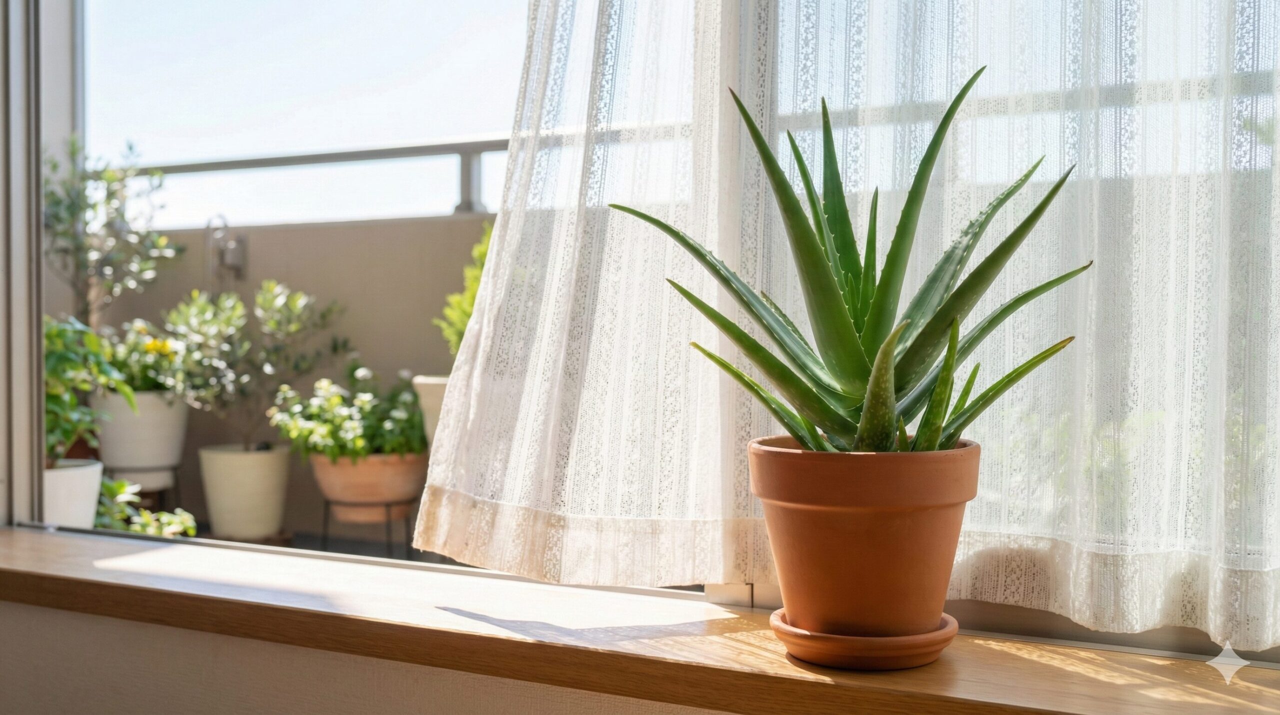 レースのカーテン越しに柔らかな日差しが差し込む窓際で、健康的に育つアロエベラの鉢植え。背景には風通しの良いベランダが見える。