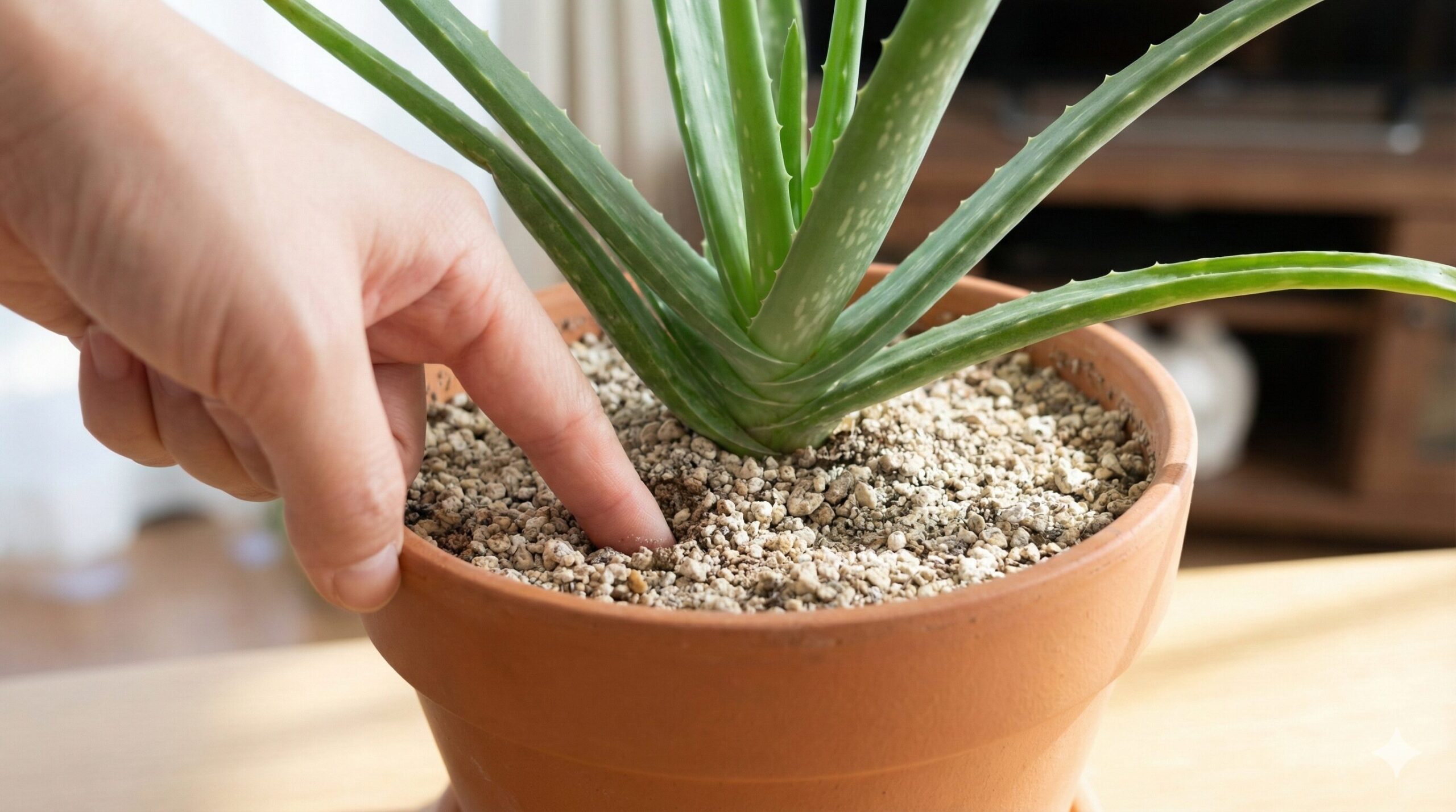 アロエベラの水やりタイミングを確認するため、鉢の乾いた土に指を入れて湿り具合をチェックしている様子