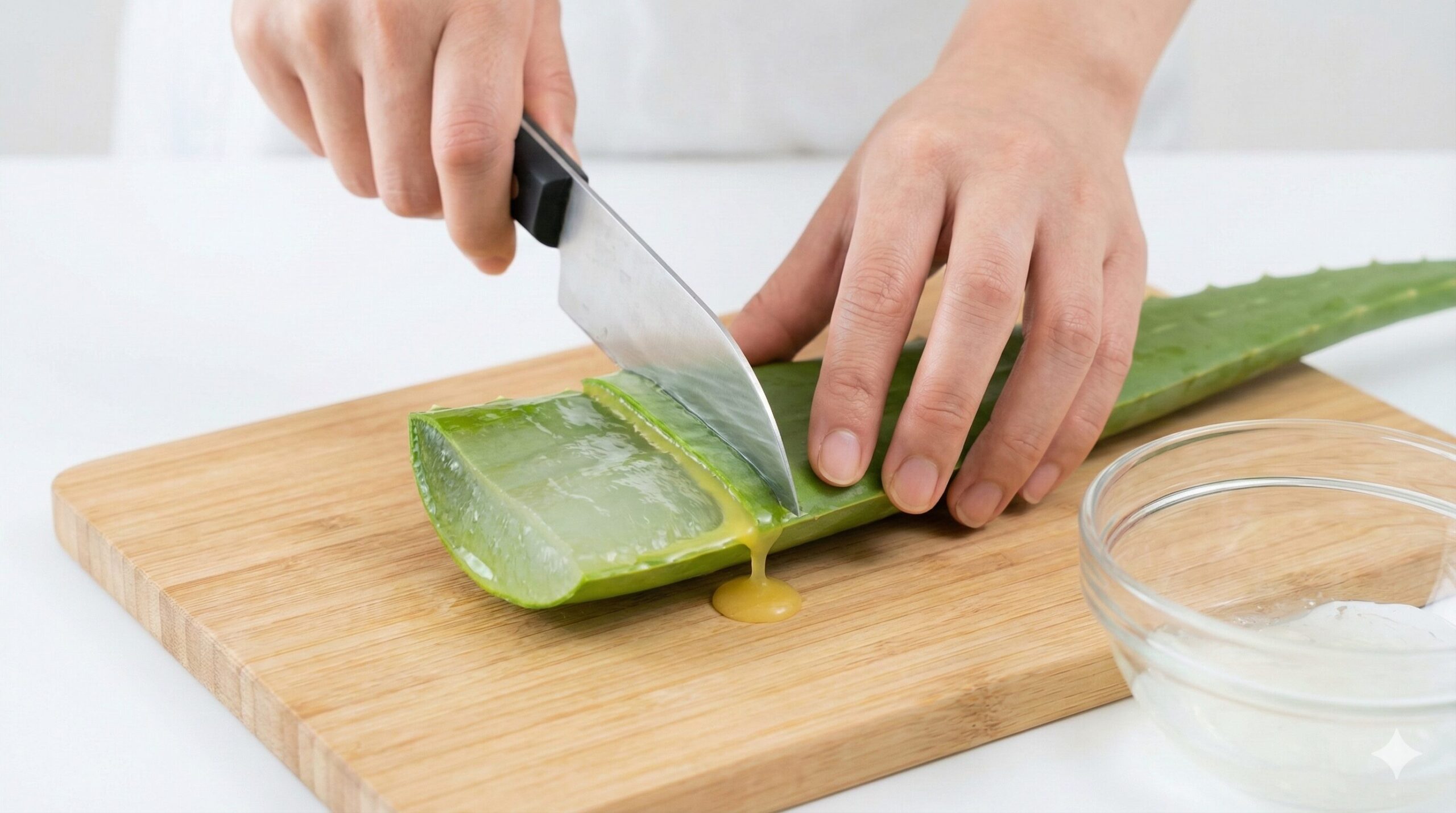 食用アロエベラの調理風景。包丁でカットした断面から、避けるべき黄色い樹液が流れ出ている様子と、その内側にある透明なジェル部分。