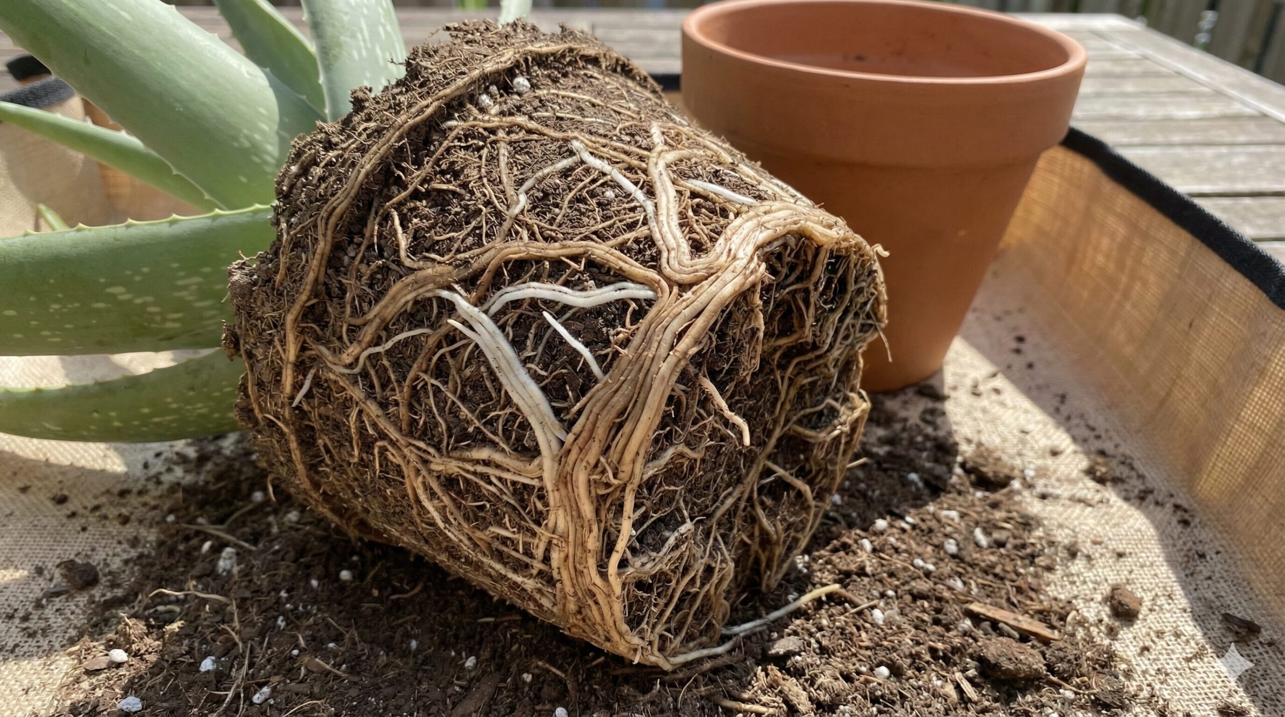 鉢から抜いたアロエベラの根鉢。白い健康な根と古い根が密集して土を抱え込み、根詰まりを起こしている状態。