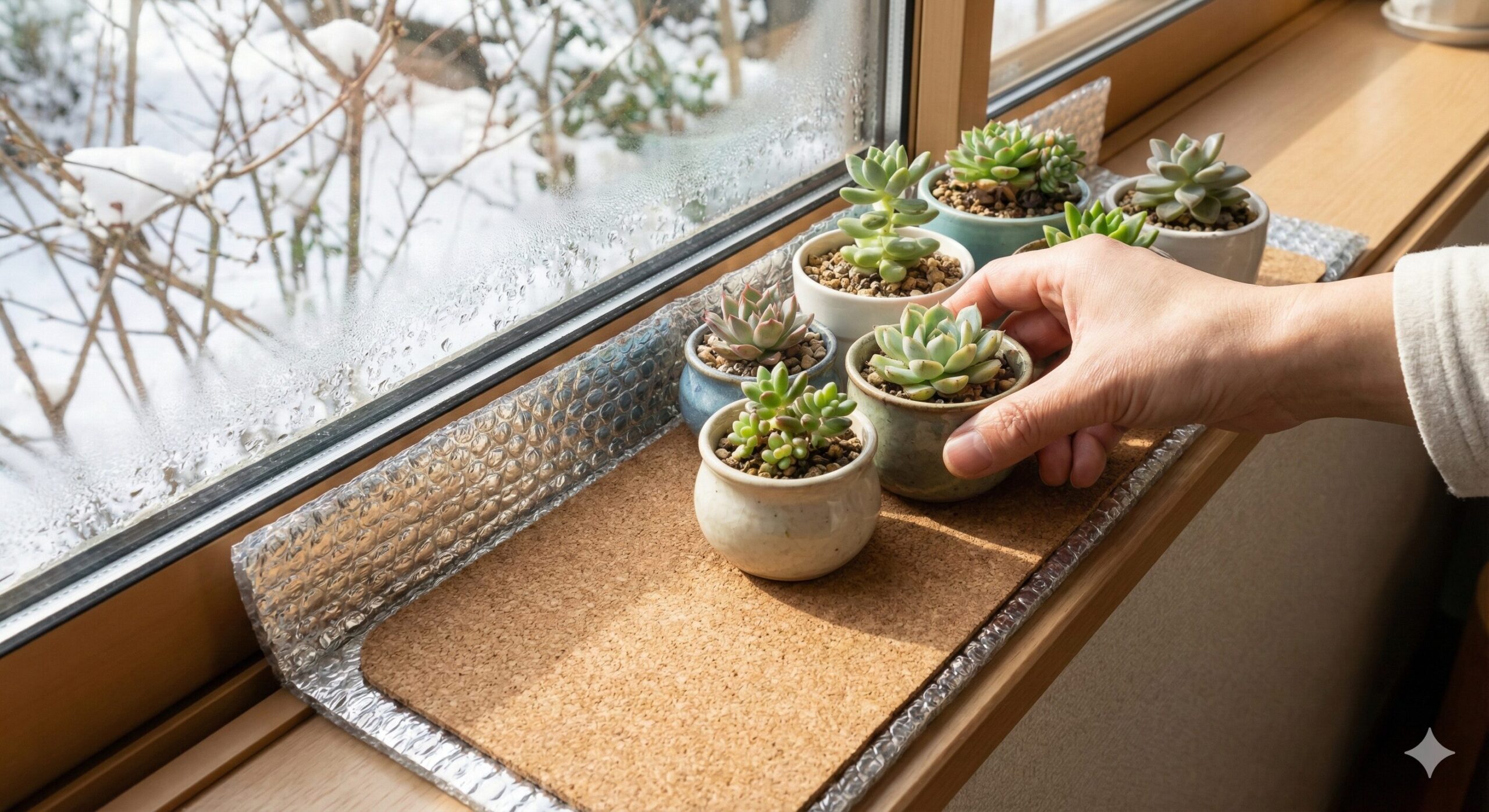 冬の室内窓辺で、断熱材とコルクマットを敷いて冷気対策をした多肉植物の鉢と、それを調整する日本人の手元。