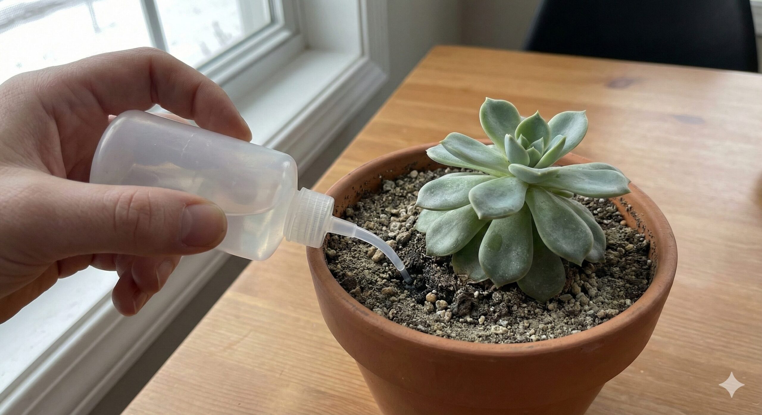 冬の多肉植物への水やり。細口のボトルを使い、乾いた土の表面に少量ずつ慎重に水を与えてい