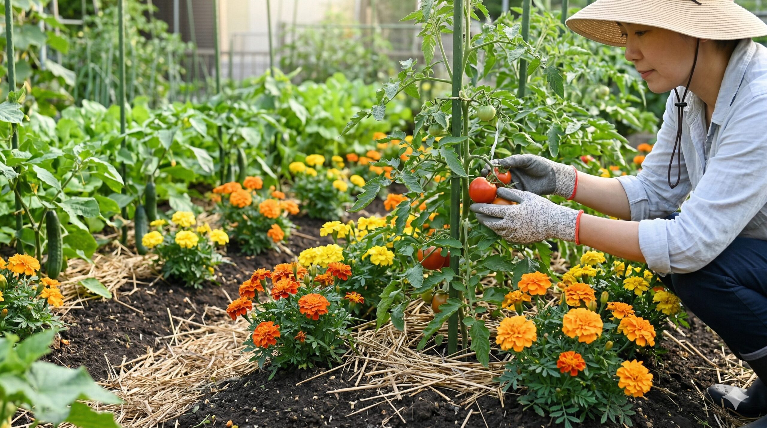 健康な野菜(トマト、キュウリ、ナスなど)が植えられた家庭菜園の畝の様子。野菜の苗の間に、鮮やかなオレンジ色のマリーゴールドが点在して植えられている。地面には藁マルチが敷かれ、土の豊かさが感じられる。カメラは少し低く、マリーゴールドが「ガードマン」として野菜を守っているような構図にする。周囲に有害な虫がいないことも連想させる、健康的で自然な写真。専門性と信頼性(Expertise)を視覚化。