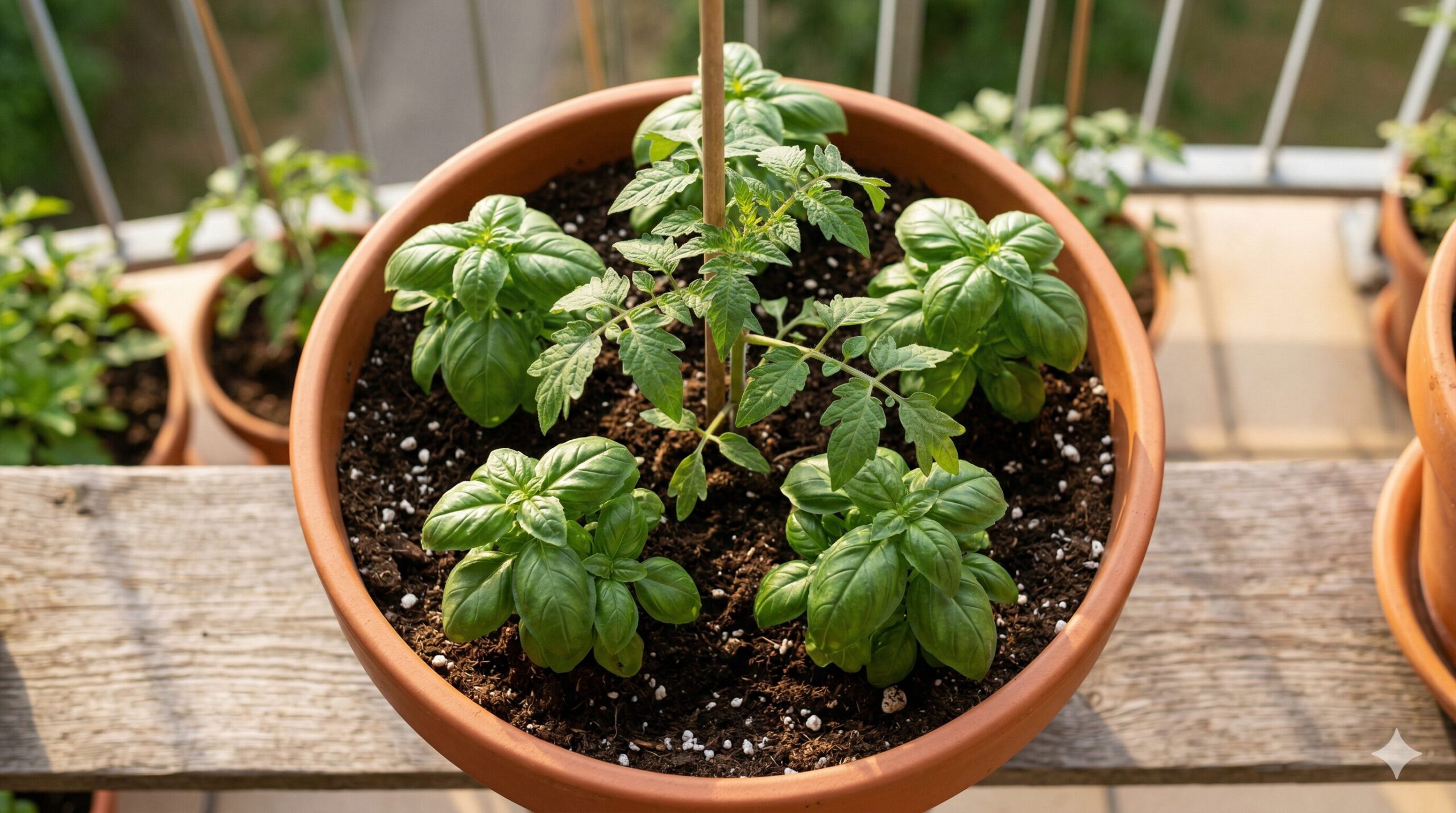 深型の大型プランターに、中心にトマトの苗が一本植えられ、その周囲を3〜4株のバジルが囲むように植えられている。トマトには支柱が立てられ、赤い実がつき始めている。植物はすべて健康的で、緑が濃い。カメラは上から見下ろす形で、具体的な配置がわかるようにする。プランターは日当たりの良いベランダに置かれている。具体的な配置の実践方法を提供し、専門性(Expertise)を視覚化。