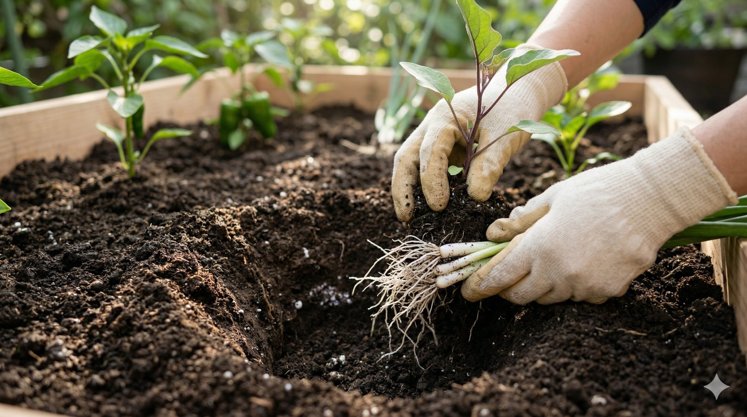 プランター(または畑)の土を少し掘り起こした断面が見える。日本人の女性の手が、ナスの苗の根とネギの根を、直接触れ合わせるように一緒に土に植え付けている様子。根には健康な土と、拮抗菌の活動を連想させる白い微生物の塊がわずかに見える。カメラは女性の手と根の部分にフォーカスし、高度なテクニック「抱き合わせ植え」を強調する。専門性と信頼性(Expertise)を高める。