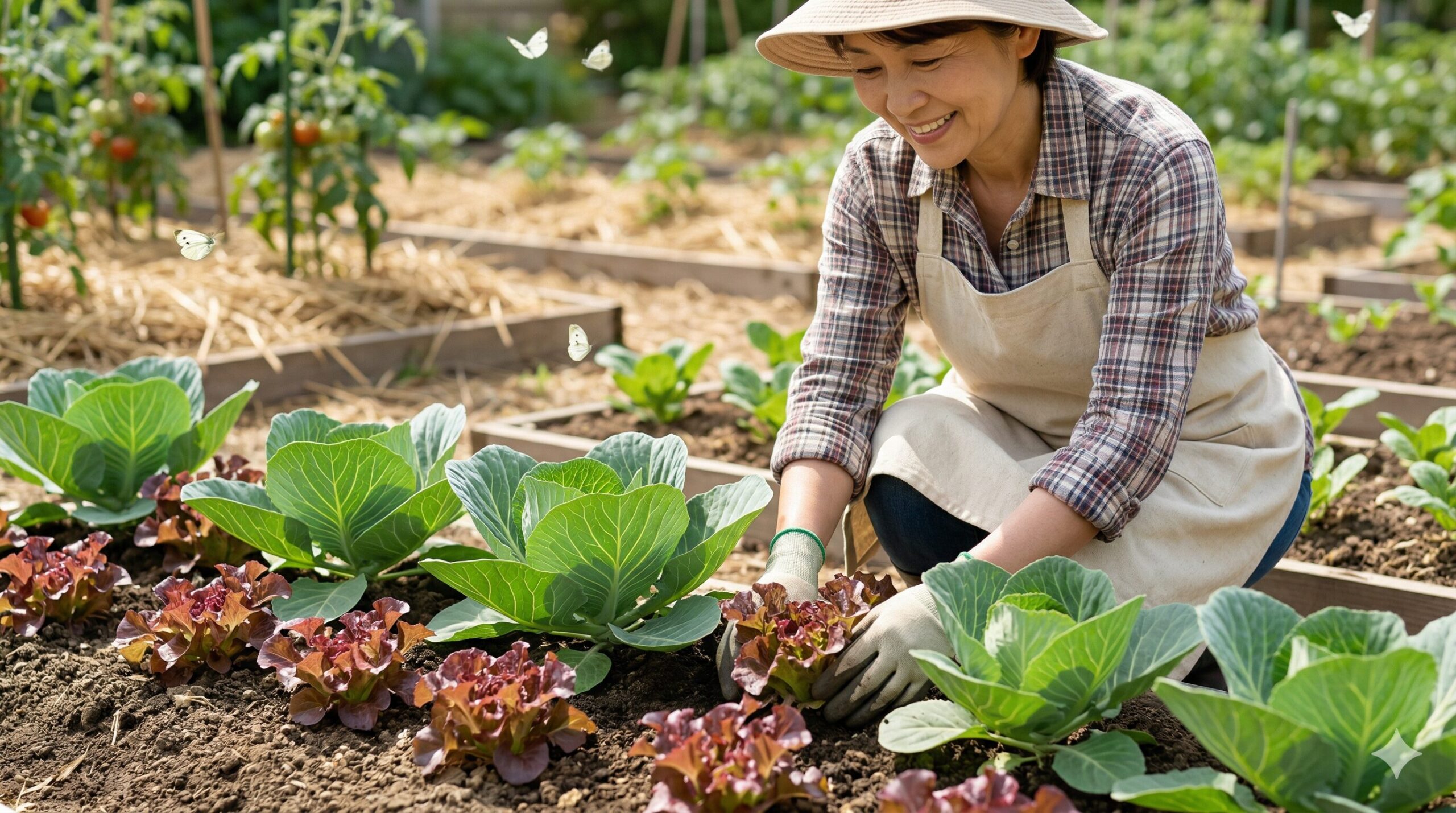 家庭菜園の畝を背景に、日本人の女性(エプロンと帽子着用)が、健康なキャベツの苗(アブラナ科)の隣に、柔らかそうなサニーレタス(キク科)を植えている。カメラはキャベツとレタスにフォーカス。周囲にはモンシロチョウが舞っているが、キャベツにはついていない。レタスの香りが空間に漂っているような、爽やかで自然な写真。農薬を減らす「相互忌避」の効果と、専門性(Expertise)を視覚化。