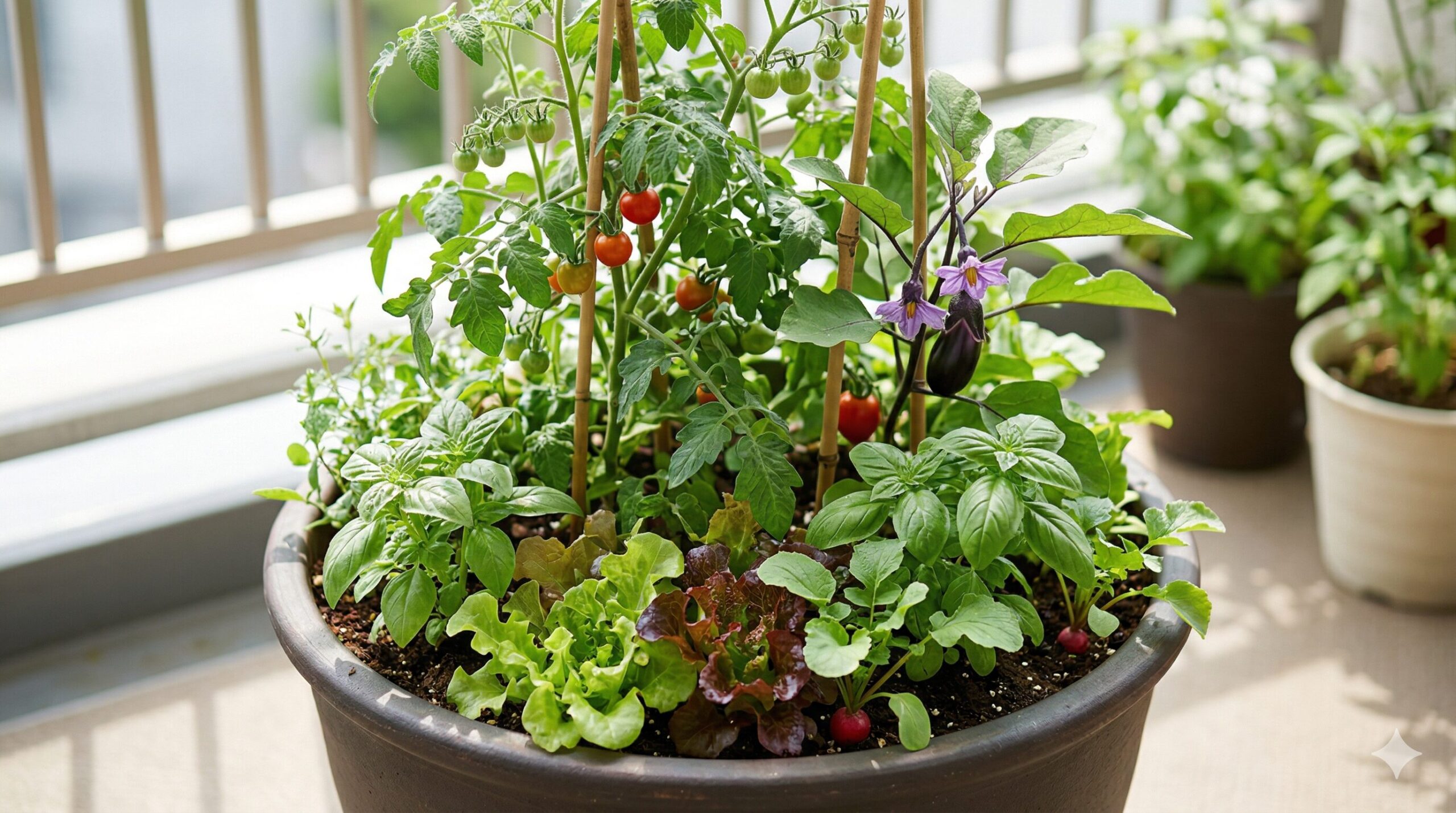 ベランダなどの狭いスペースに置かれた、深型のテラコッタプランター。中央にトマト(支柱あり、赤い実つき)とナス(紫の花つき)が植えられ、その下の空いた土の表面(足元)に、草丈の低いレタス、バジル、ラディッシュが植えられている。プランター全体を捉え、空間活用の様子がわかるようにする。植物はすべて健康的で、日光を浴びて緑が濃い。狭いスペースでの実践的なレイアウト提案と、専門性(Expertise)の視覚化。