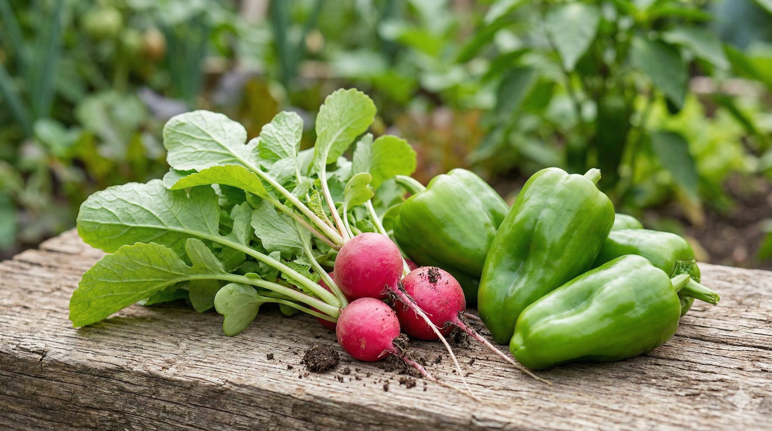 木の板の上に並べられた、収穫したての新鮮な二十日大根（ラディッシュ）とピーマン。家庭菜園で初心者でも育てやすい春野菜のイメージ。
