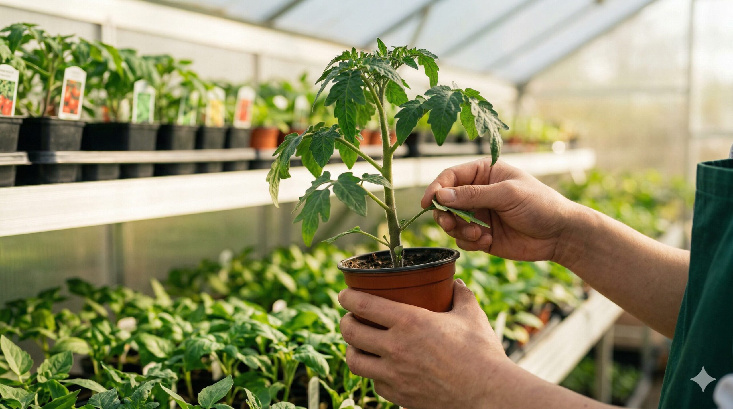 日本の園芸店で、健康なトマトの苗を手に取り、茎の太さや葉の裏を注意深く確認する初心者の手。茎が太く節間の詰まった苗の選び方を解説するイメージ。