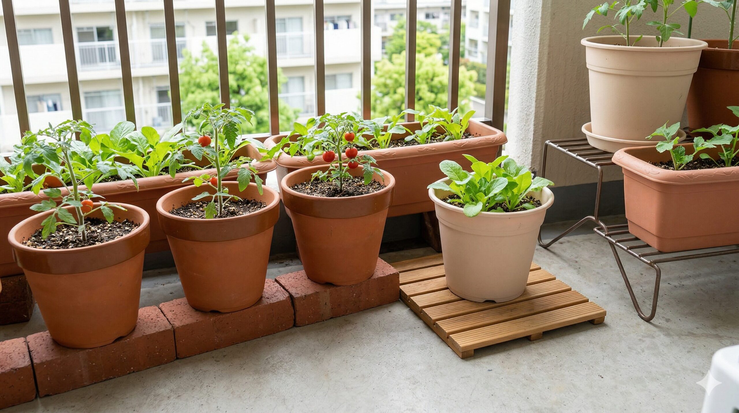 日本の都市部住宅のベランダ菜園。コンクリート床の熱対策として、ウッドパネル、レンガ、フラワースタンドを使い、プランターを床から浮かせて風通しを確保している様子。ミニトマトやバジルの苗が育つ。