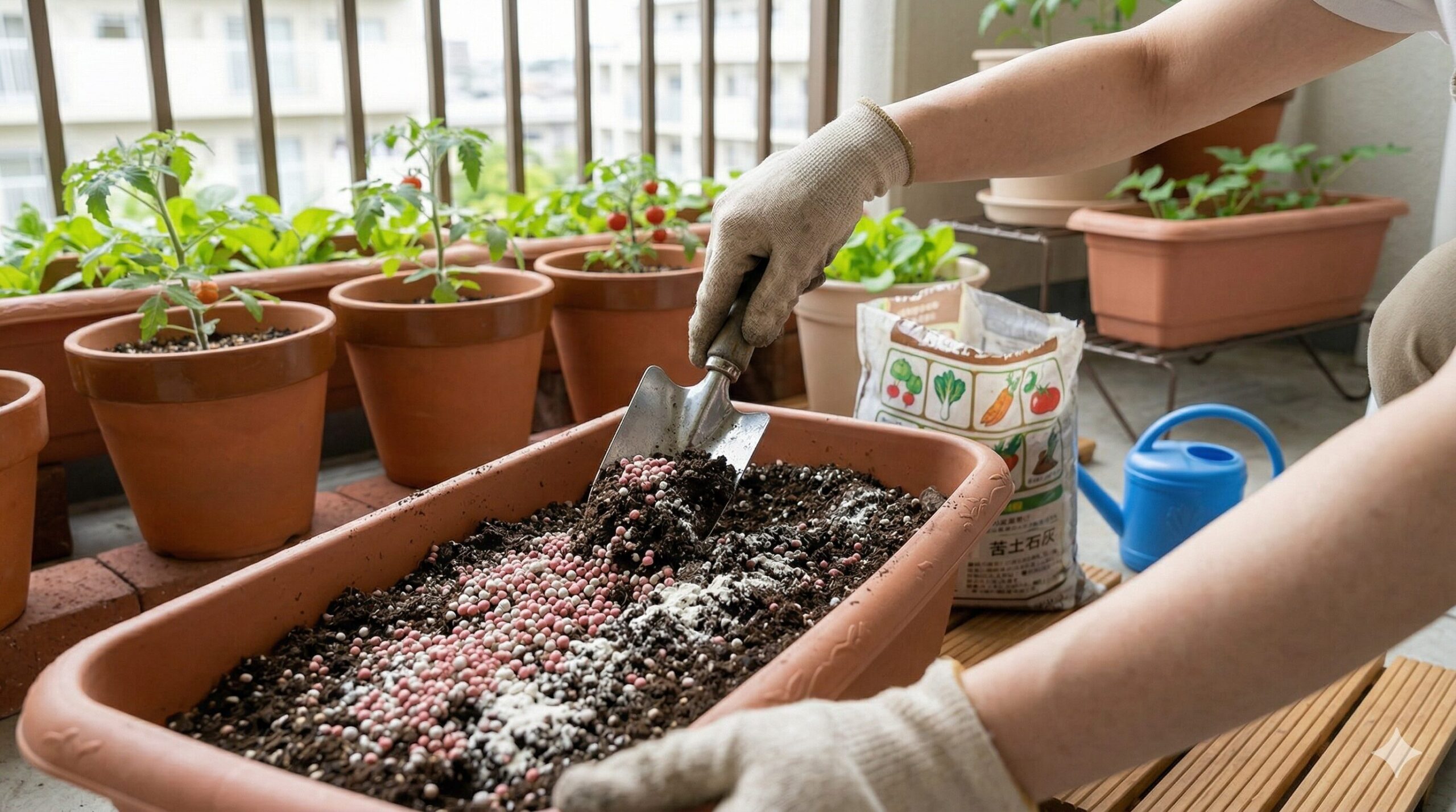日本の都市部ベランダで、プランターの土に苦土石灰の白い粉と粒状の化成肥料を混ぜ、野菜の元肥を作る日本人女性の手元。土作りと施肥の具体的な工程。