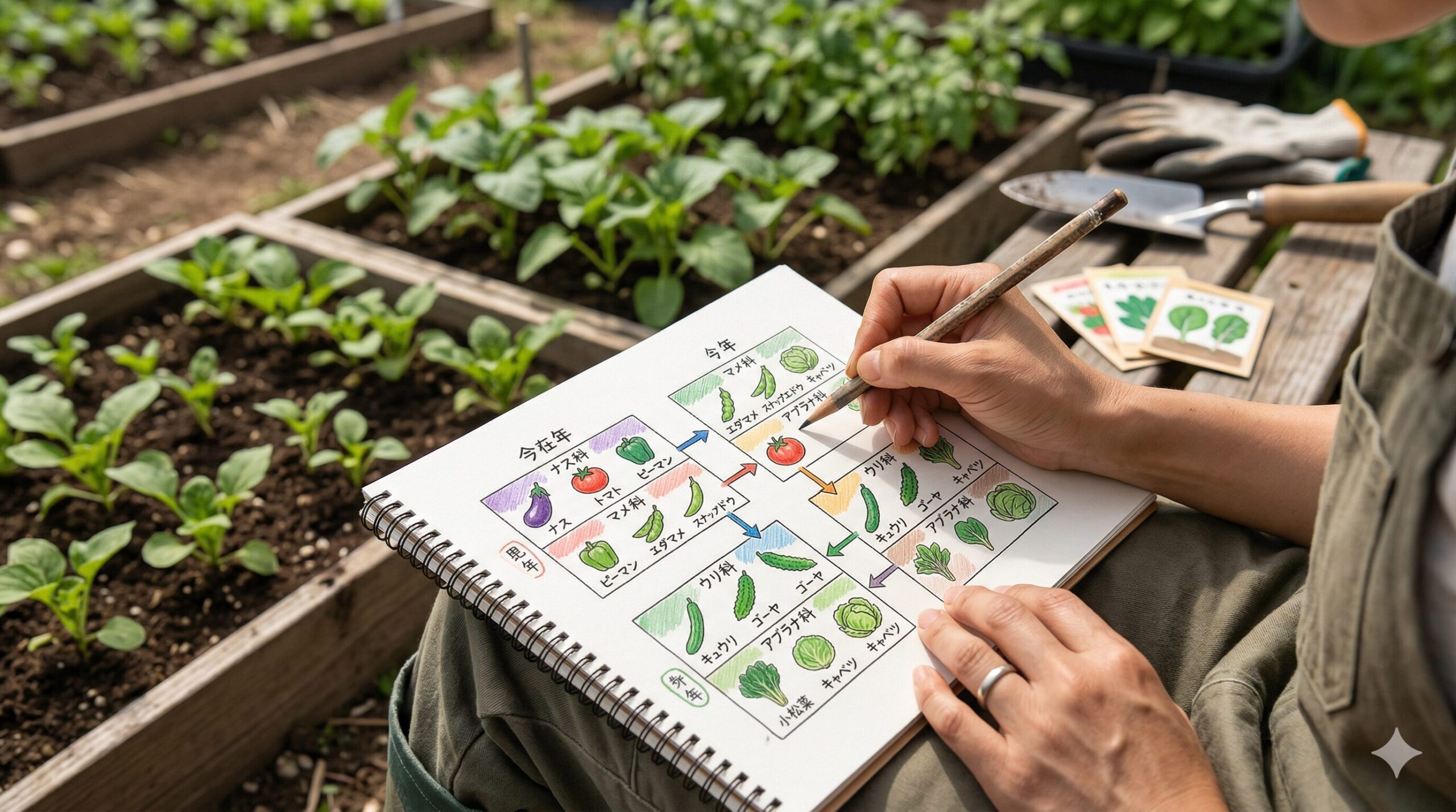 家庭菜園の著者が、菜園ノートに輪作計画を描き込んでいる様子。連作障害を防ぐための区画ローテーション（ナス科、マメ科など）の図と小さな野菜アイコンが描かれている。専門性と経験を示すイメージ。