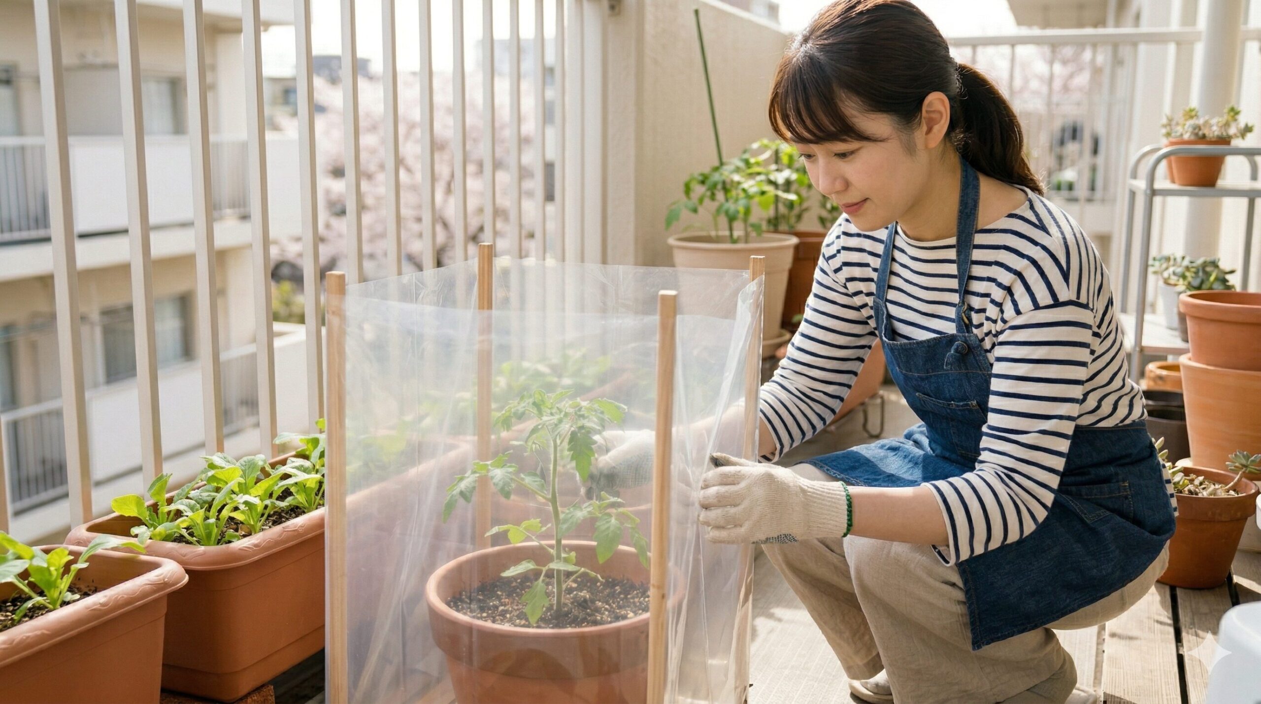 春のベランダ菜園で、植え付けたばかりのトマトの苗の周りに、透明なビニールで囲った「あんどん（防寒対策）」を設置する日本人女性。遅霜や寒風から苗を守り、初期の活着を助ける具体的な実例。