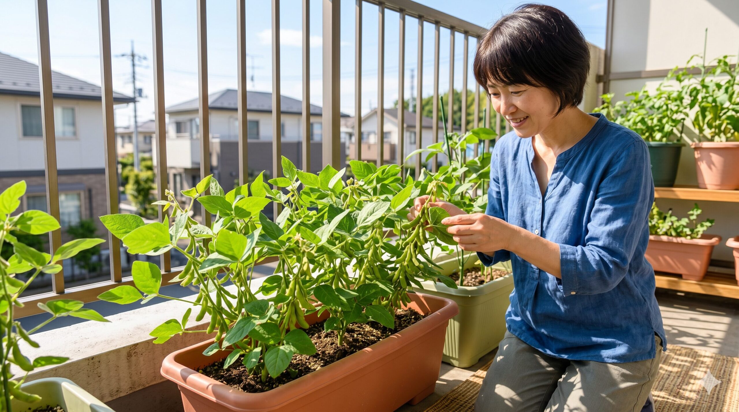 日当たりの良いベランダに並べられた、枝豆が植わったプランター。背景には日本の住宅街が見える