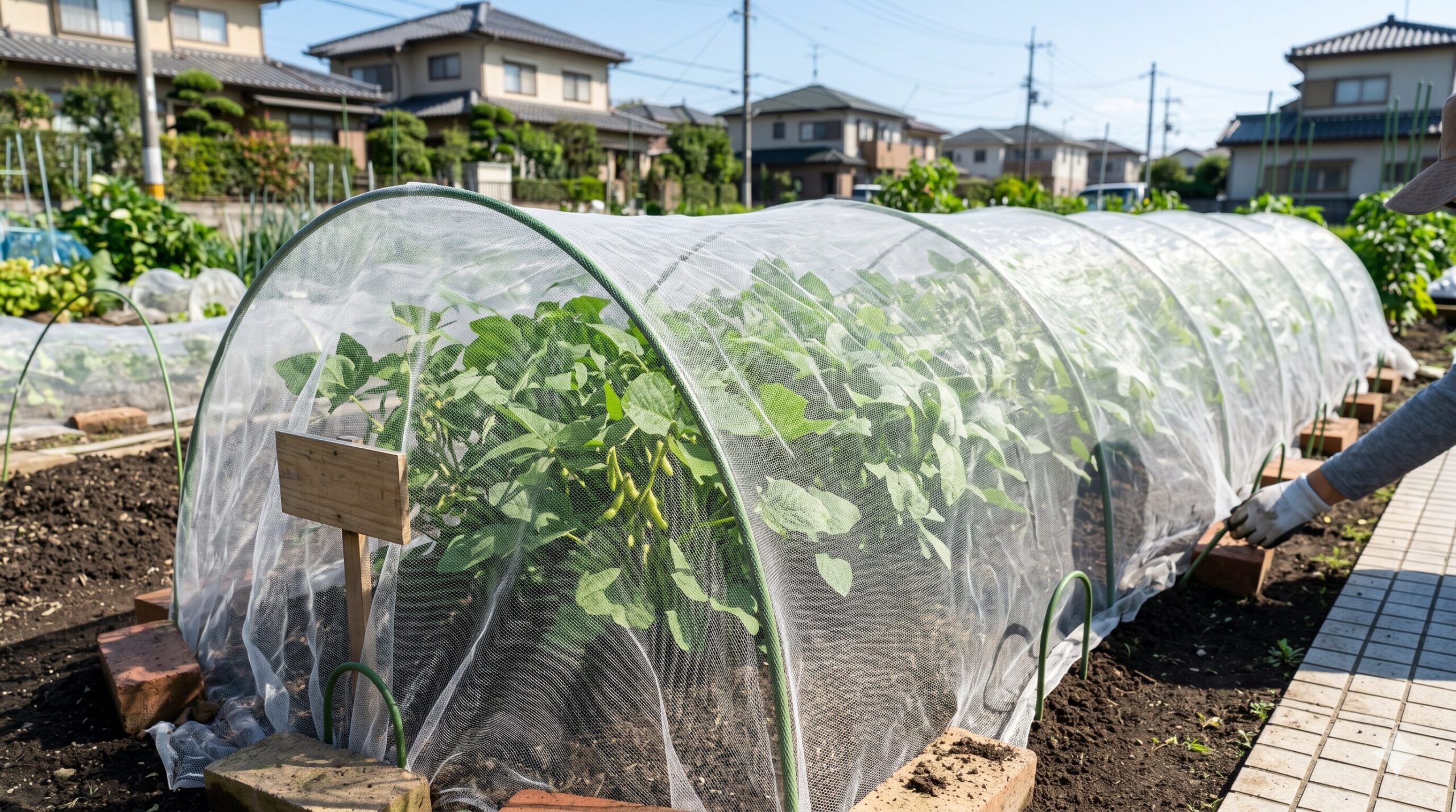 日本の家庭菜園でカメムシ被害を防ぐために、白い防虫ネットでトンネル状に覆われた枝豆の畝。