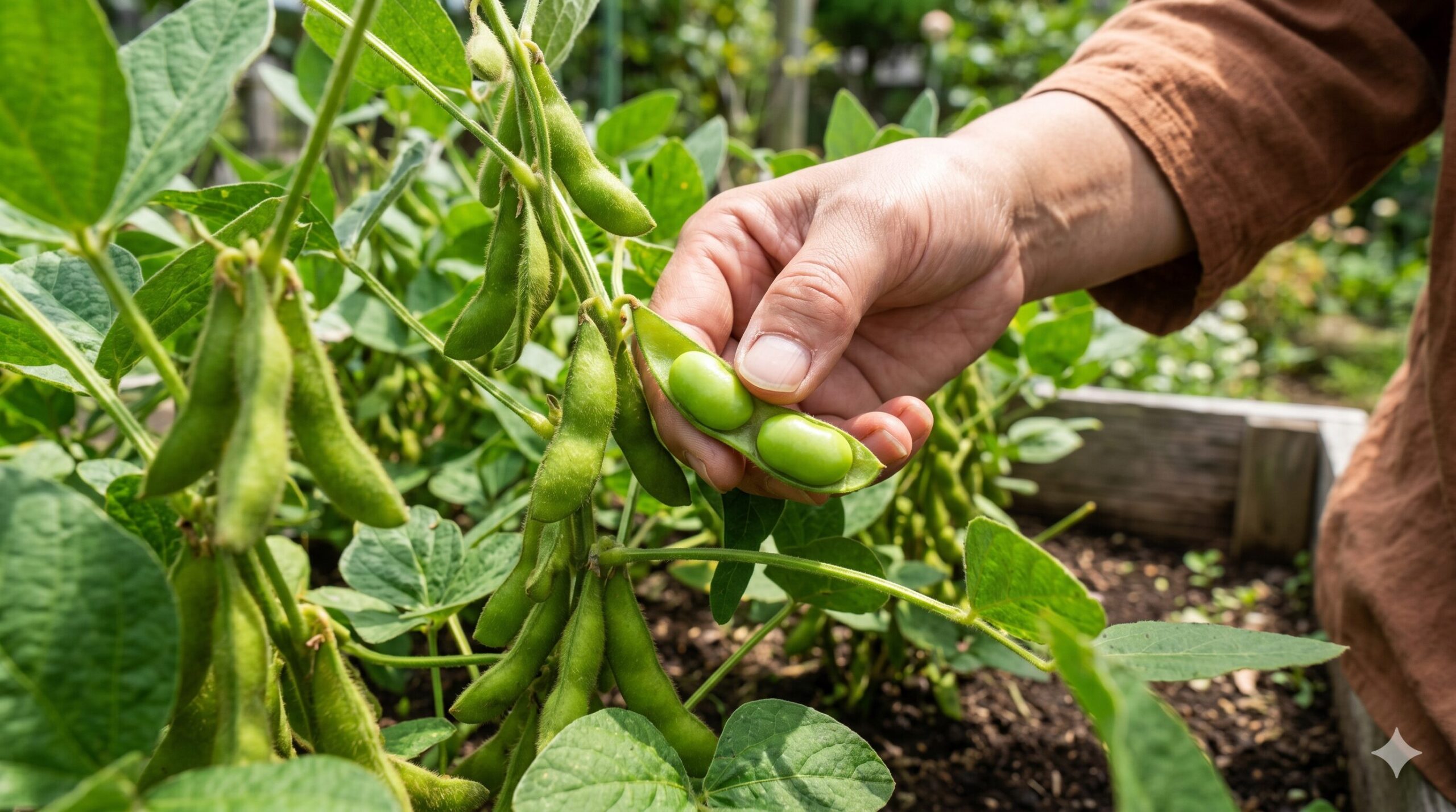 収穫時期を迎え、サヤの中の豆がぷっくりと膨らんだ枝豆のクローズアップ。日本人の指で実入りを確認している様子。