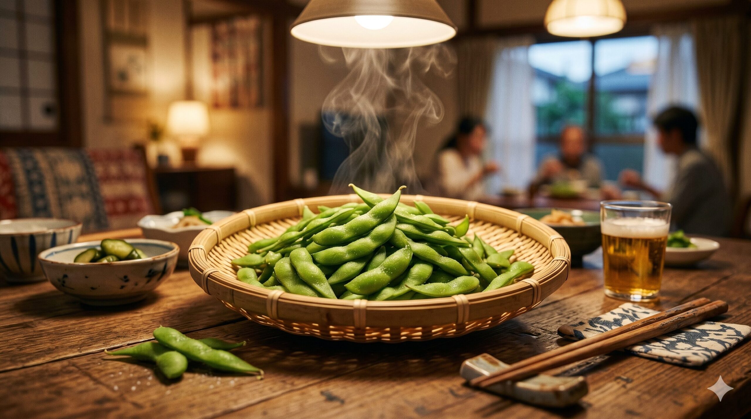 収穫直後に茹で上げられ、竹ザルに盛られた鮮やかな緑色の枝豆。湯気が立ち上る美味しそうな食卓の風景。