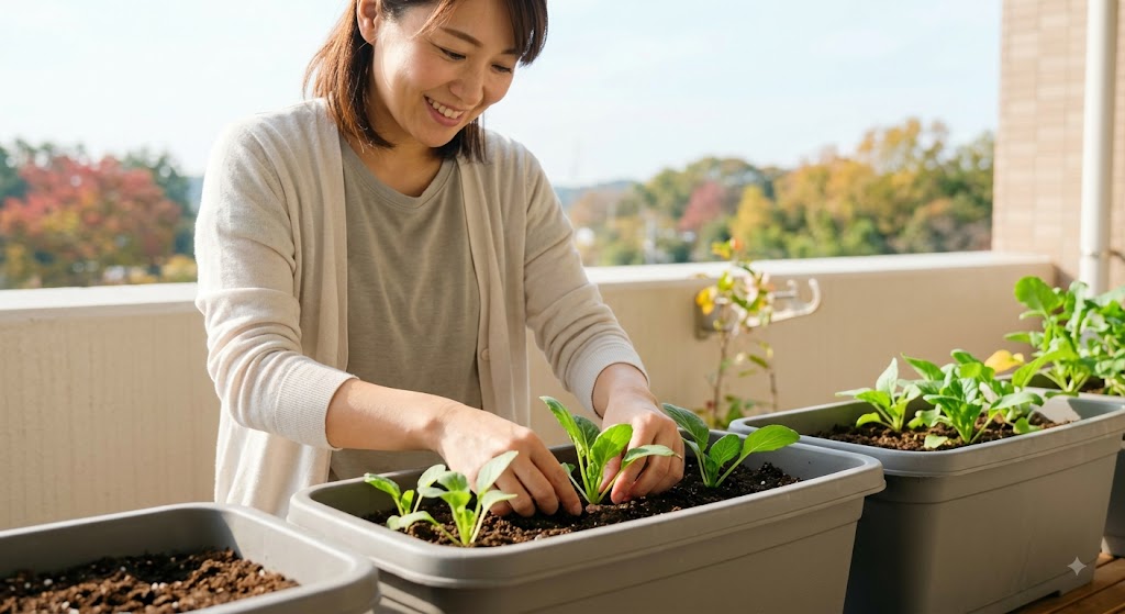 秋のバルコニーで、笑顔でプランターに野菜の苗を植える日本人女性。家庭菜園の初心者向けイメージ。