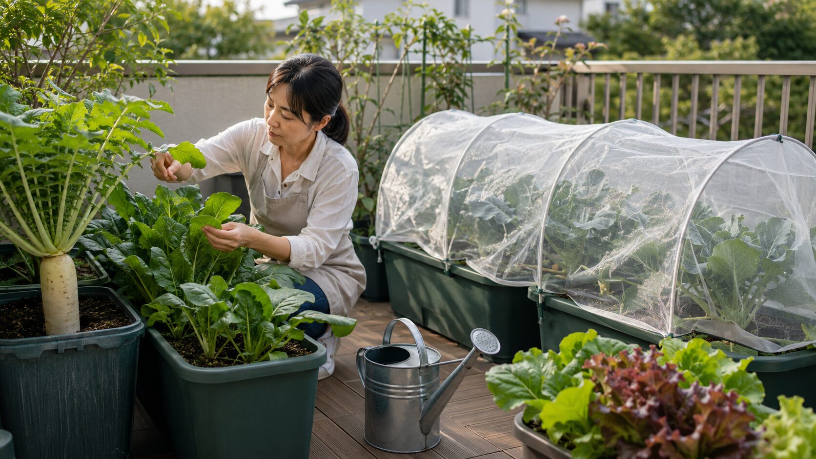 深型プランターと防虫ネットを使って9月の秋野菜を管理する家庭菜園