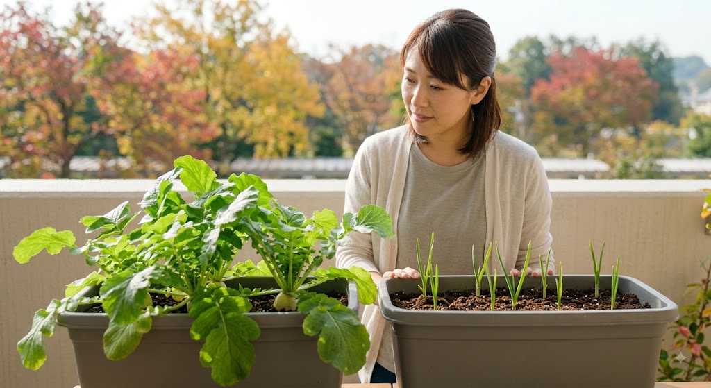 9月に植えた青々としたダイコンのプランターと、10月に植えたニンニクの芽が出たプランターを比べる日本人女性。秋野菜の生育の違い。