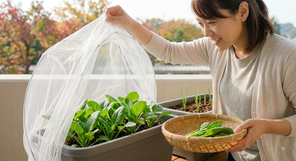 防虫ネットを外し、プランターで育った鮮やかなコマツナを収穫して竹かごに入れる日本人女性の笑顔。秋野菜の収穫