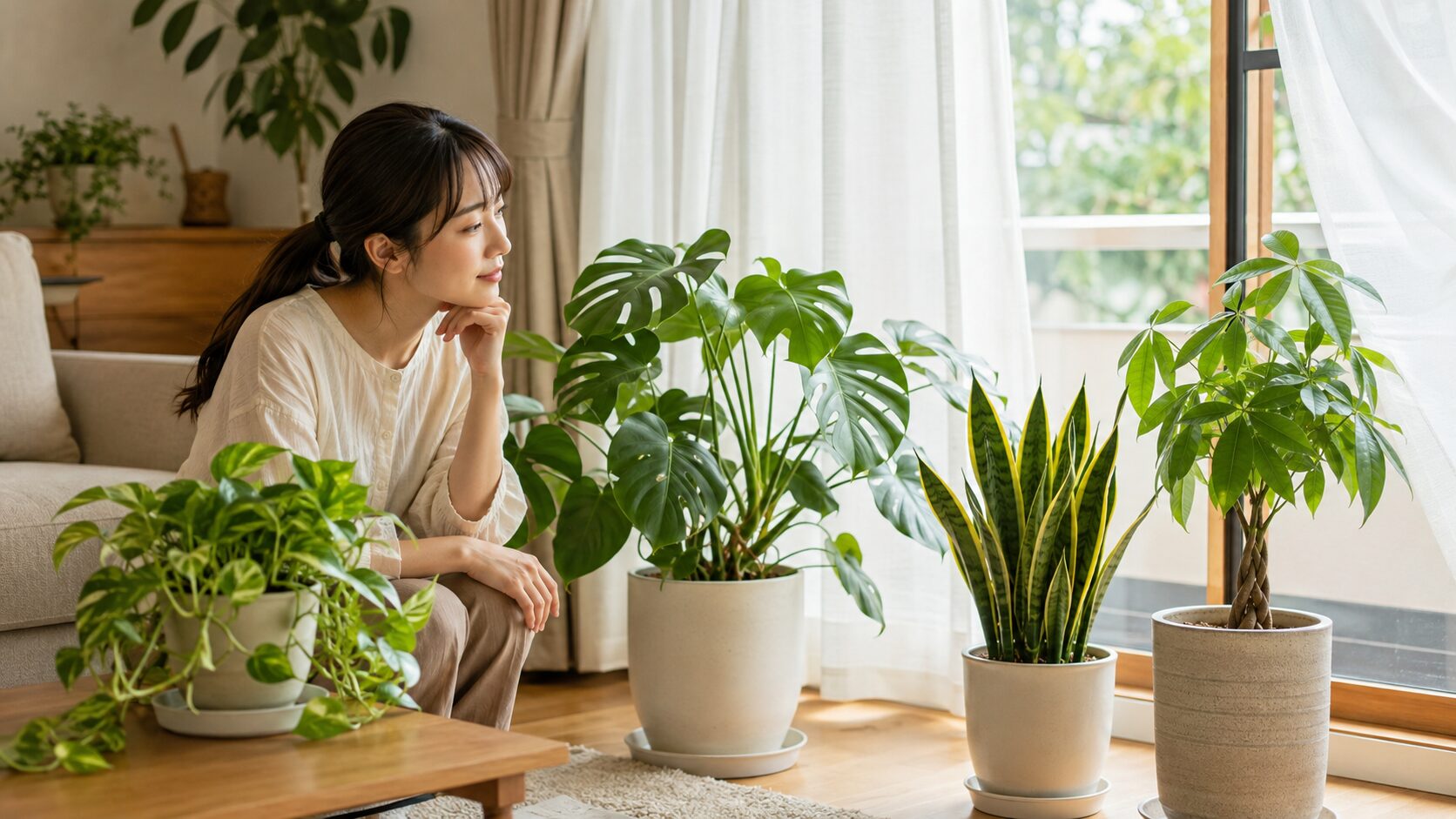 室内で観葉植物の葉や状態を観察する初心者の女性