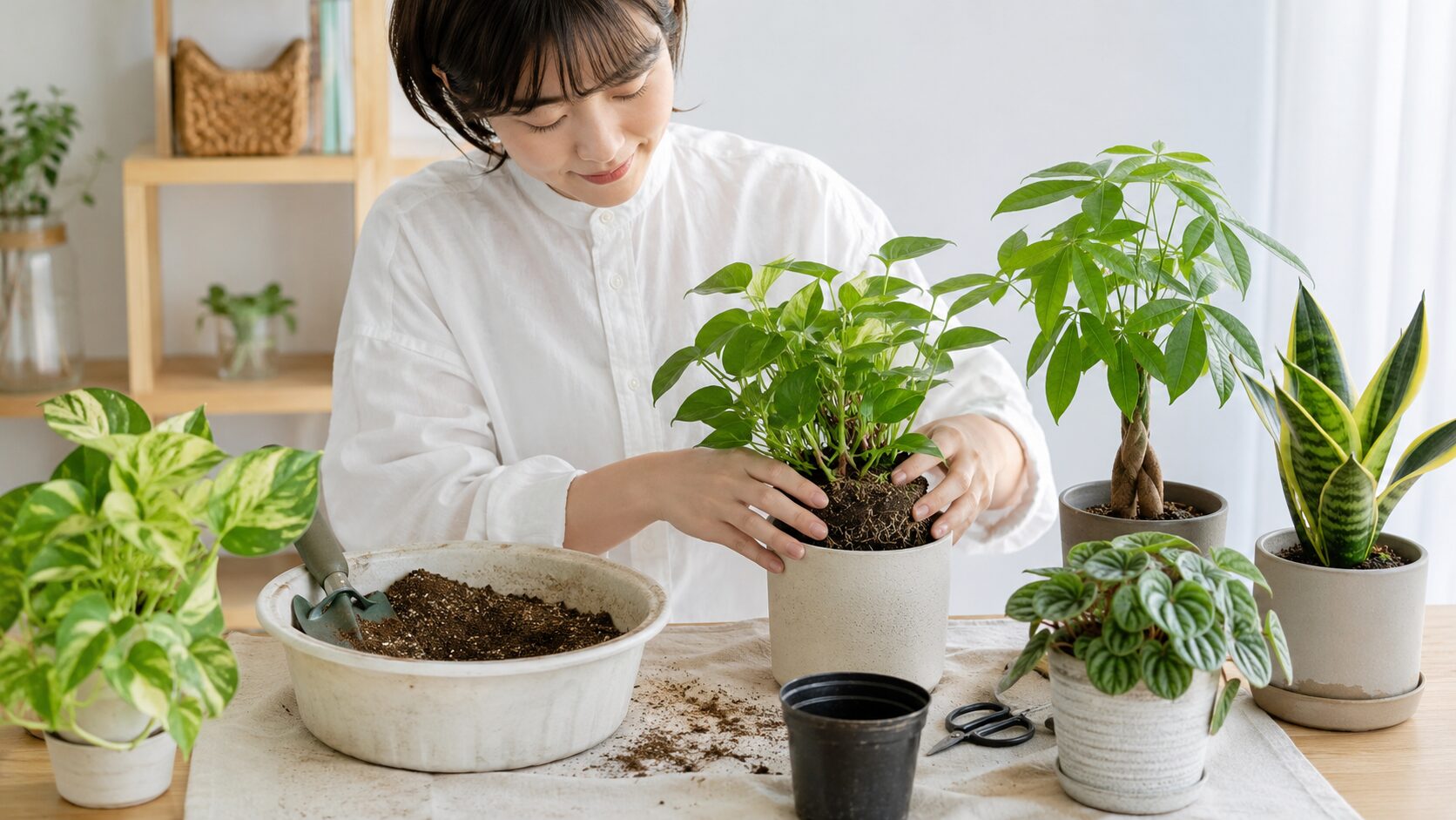 葉植物の根を確認して一回り大きな鉢へ植え替える女性