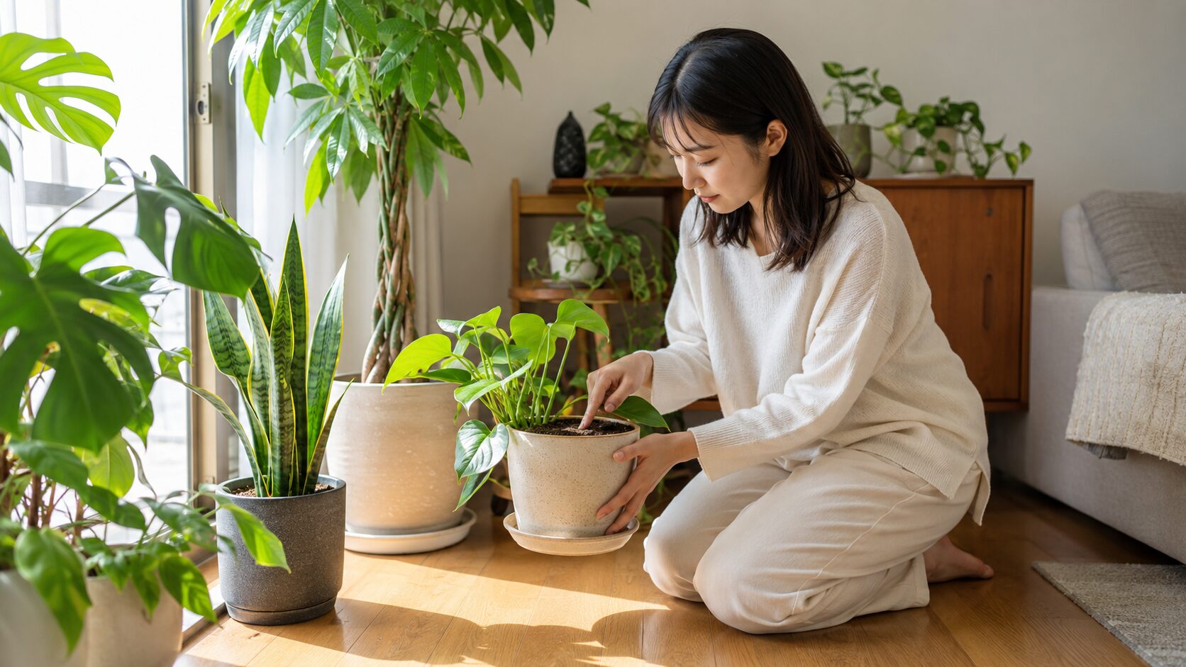 観葉植物の土の乾き具合を指で確認する女性