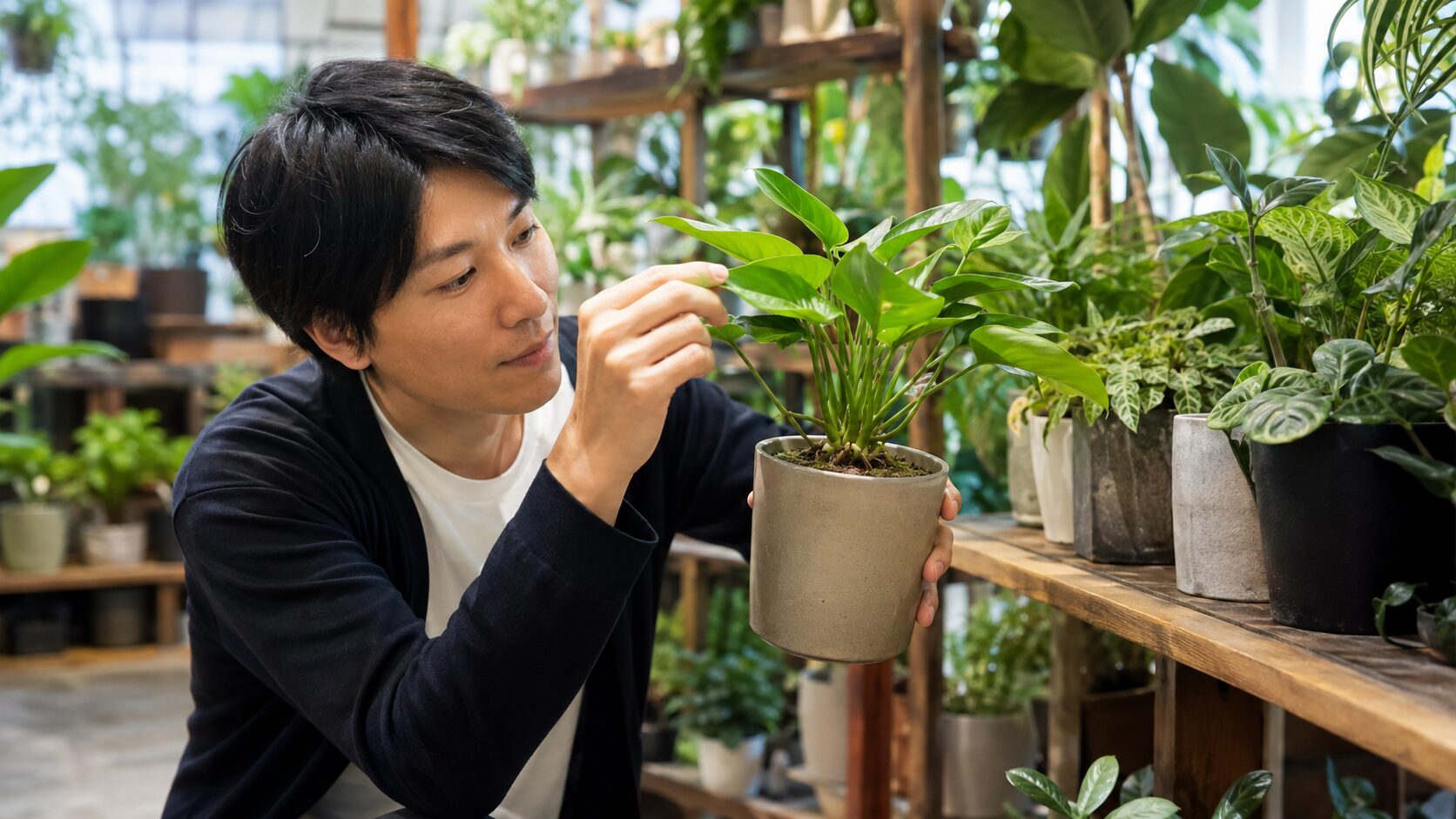 観葉植物を購入前に葉や株の状態を確認する男性
