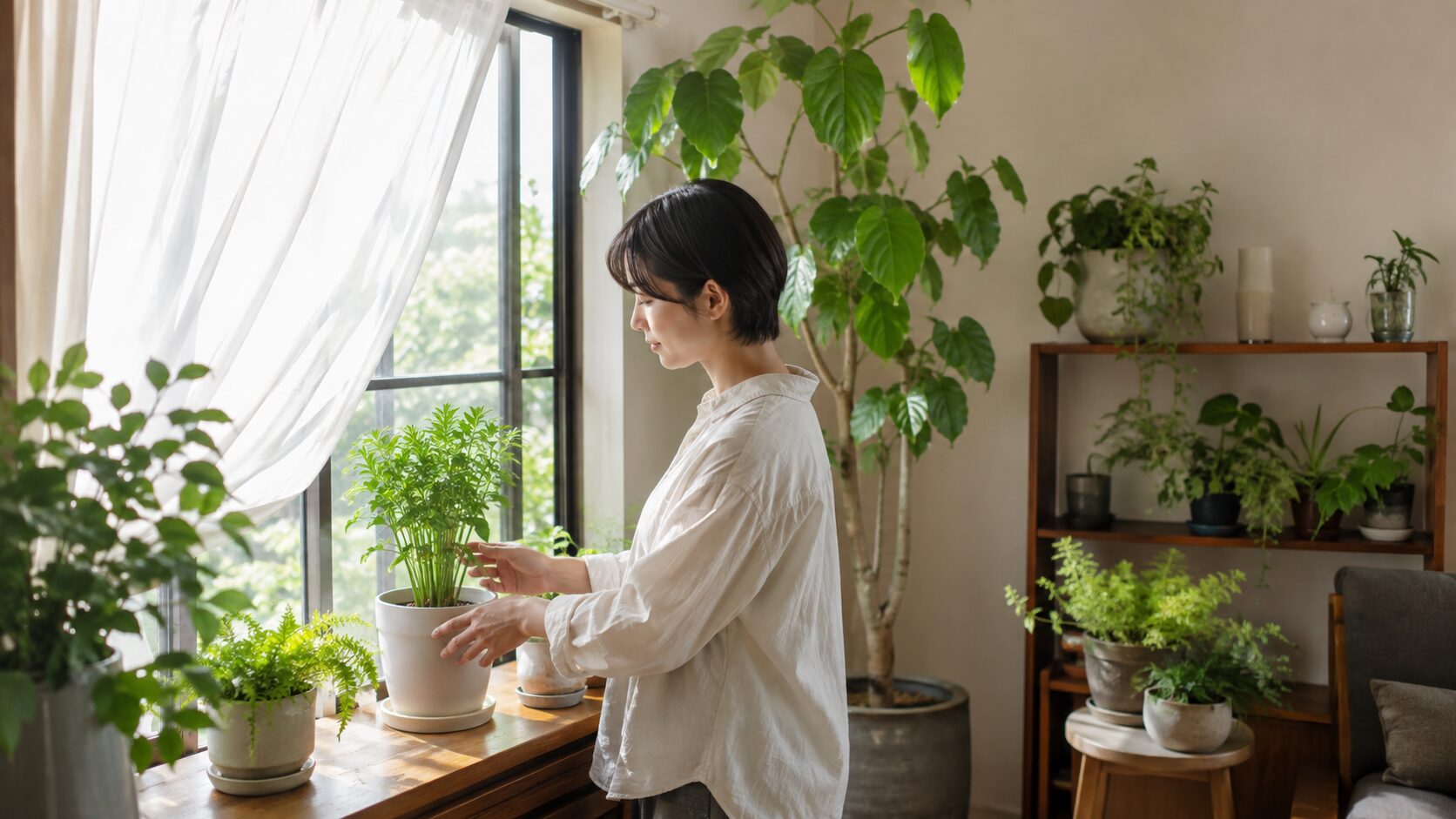 明るい間接光が入る窓辺で観葉植物の置き場所を調整する女性