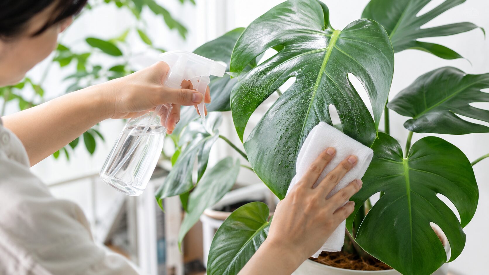 モンステラの葉に葉水をして布でやさしく拭く様子