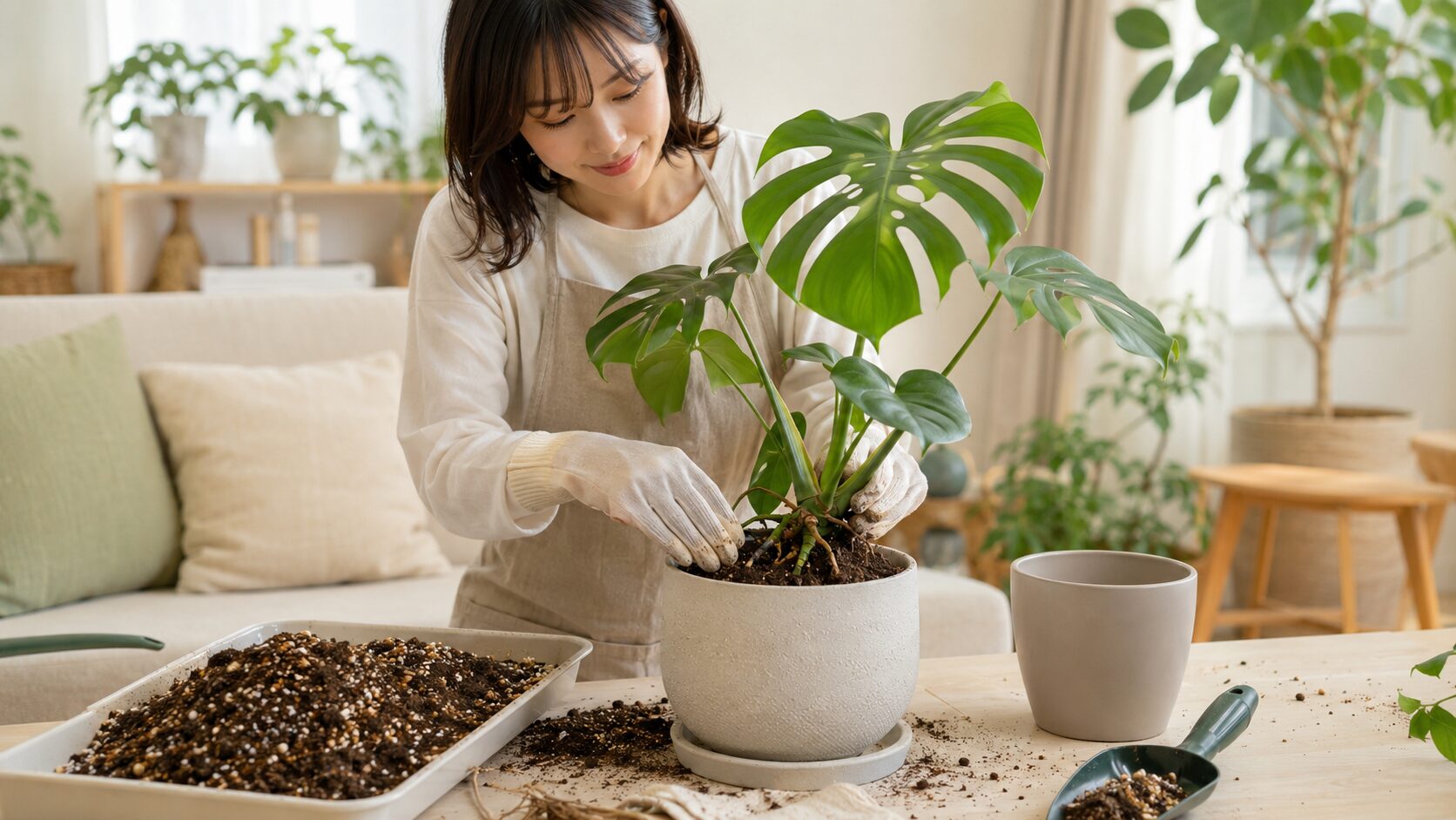 室内でモンステラを新しい培養土に植え替える様子