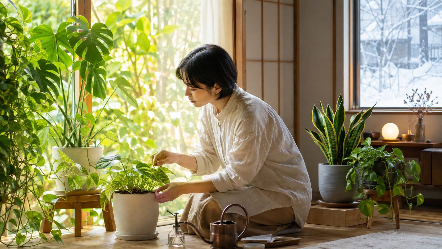 季節による環境の違いを見ながら観葉植物を管理する女性