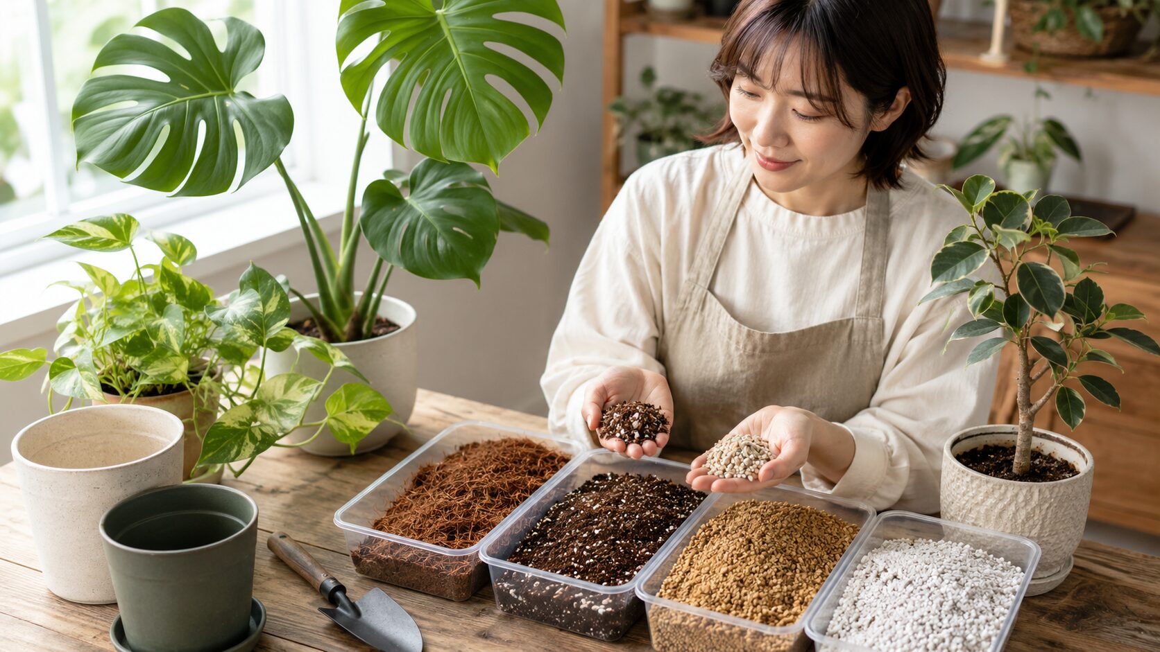 観葉植物用の培養土や赤玉土・パーライトなどを比較する室内の植え替え風景