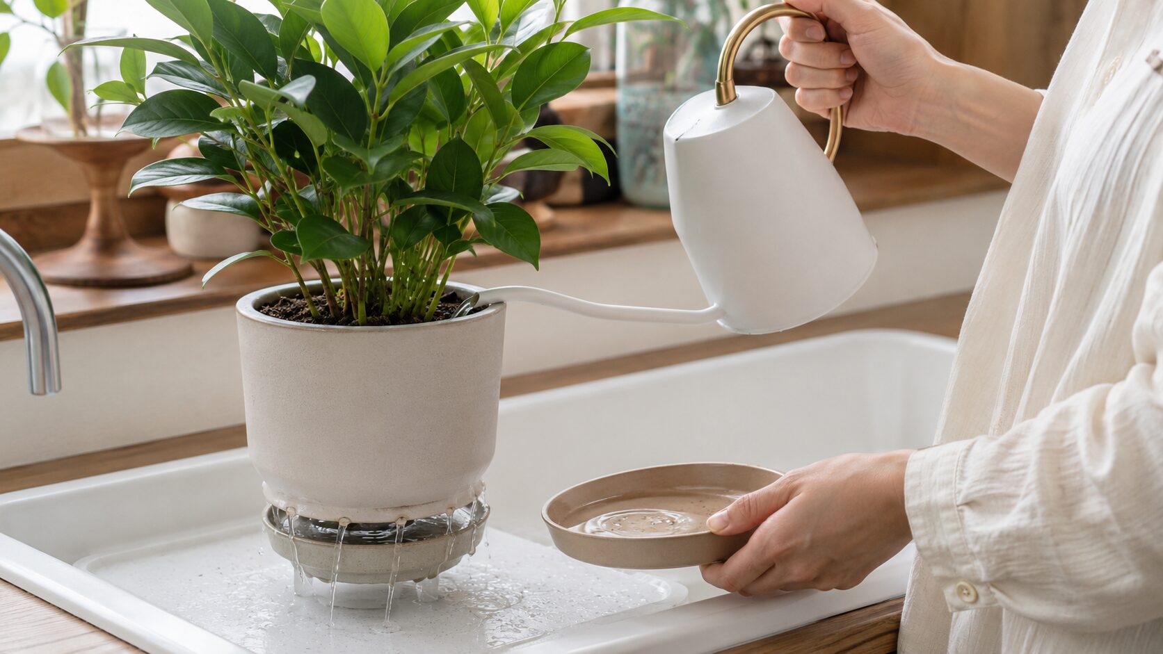 鉢底から排水されるまで観葉植物にじょうろで水やりする様子