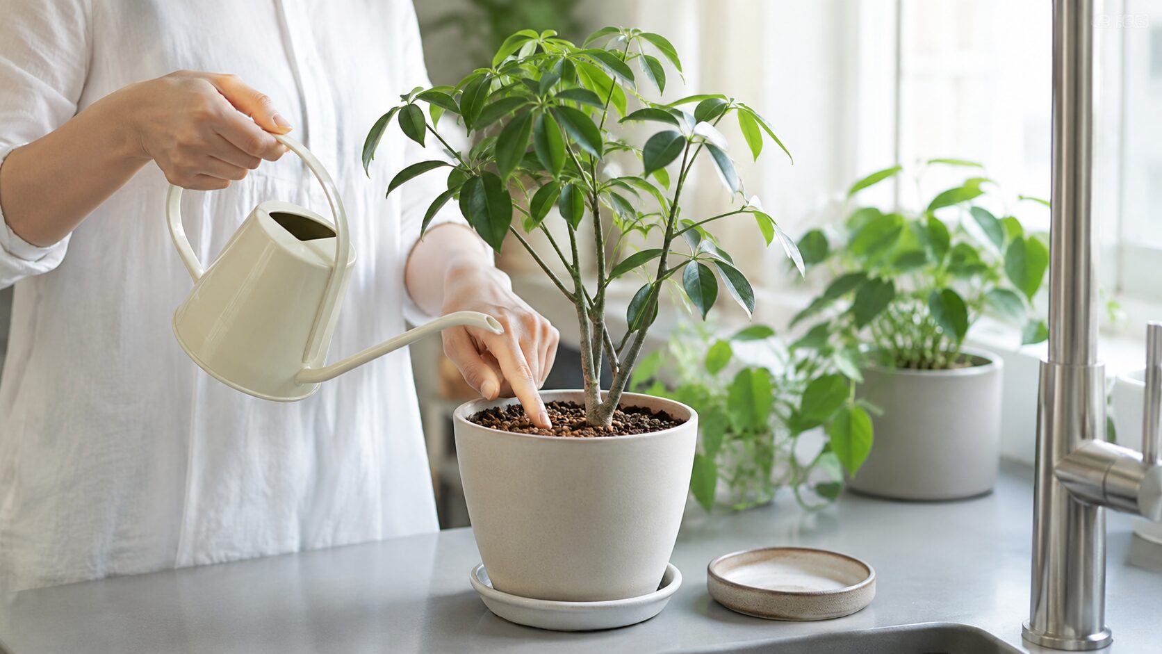 観葉植物の土の乾きを確認して水やりする様子
