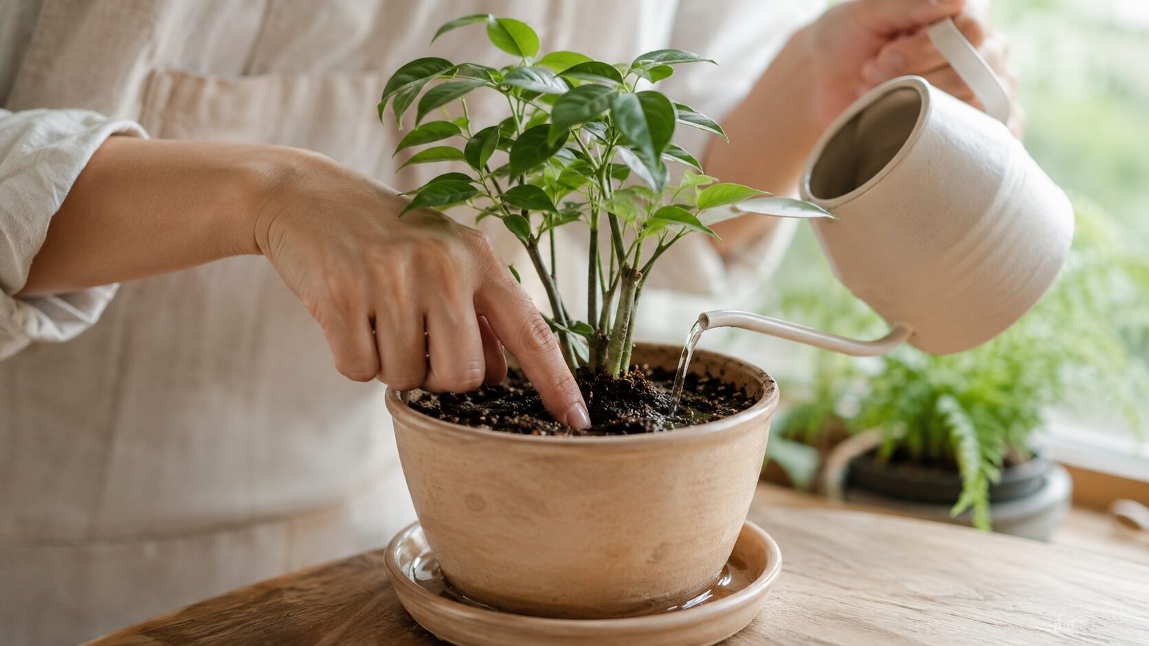 観葉植物の土の乾きを指で確認して水やりする様子