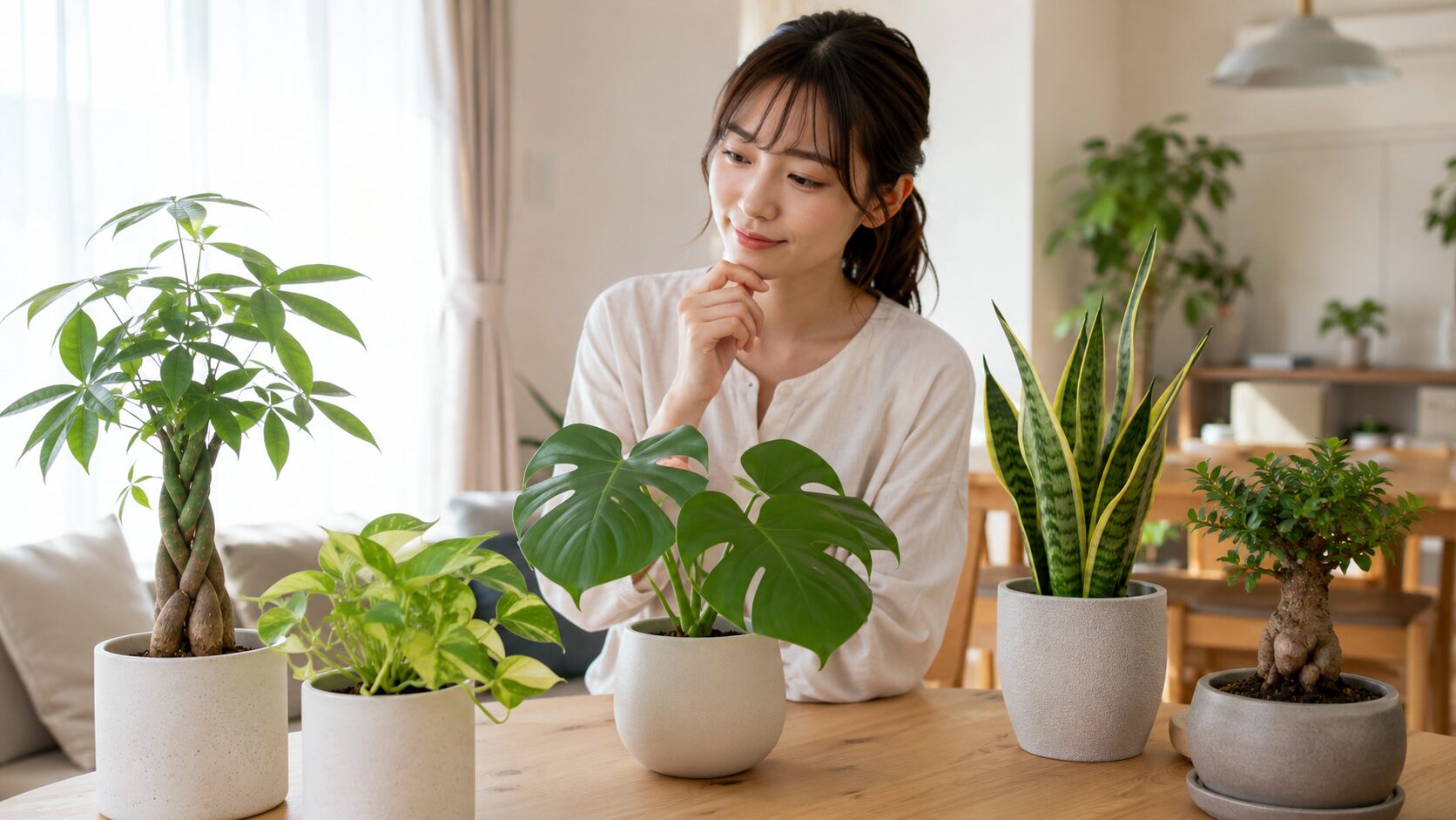 初心者向けのパキラやモンステラなど観葉植物を選ぶ女性