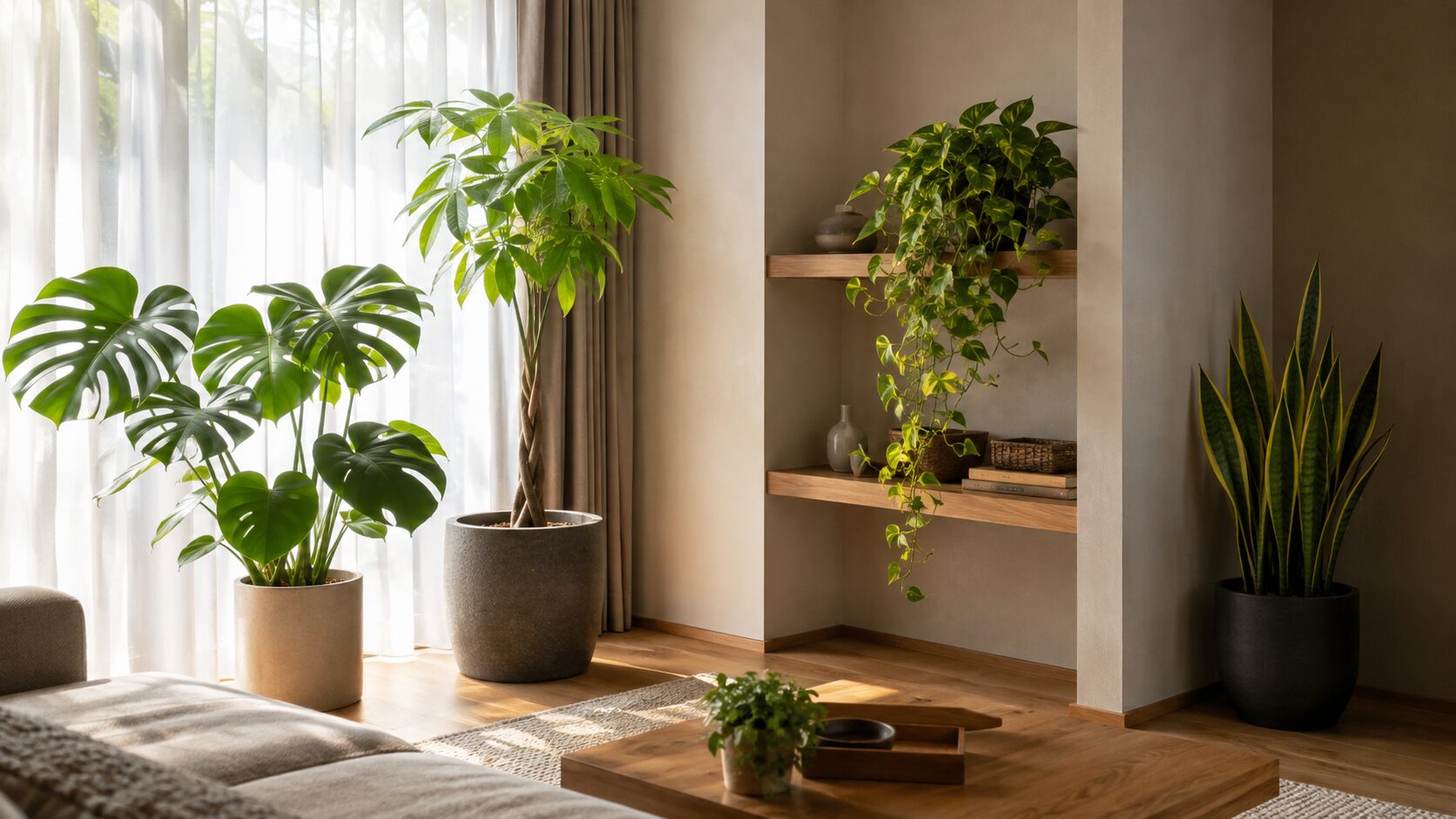 日当たりに合わせて観葉植物を配置した室内リビング